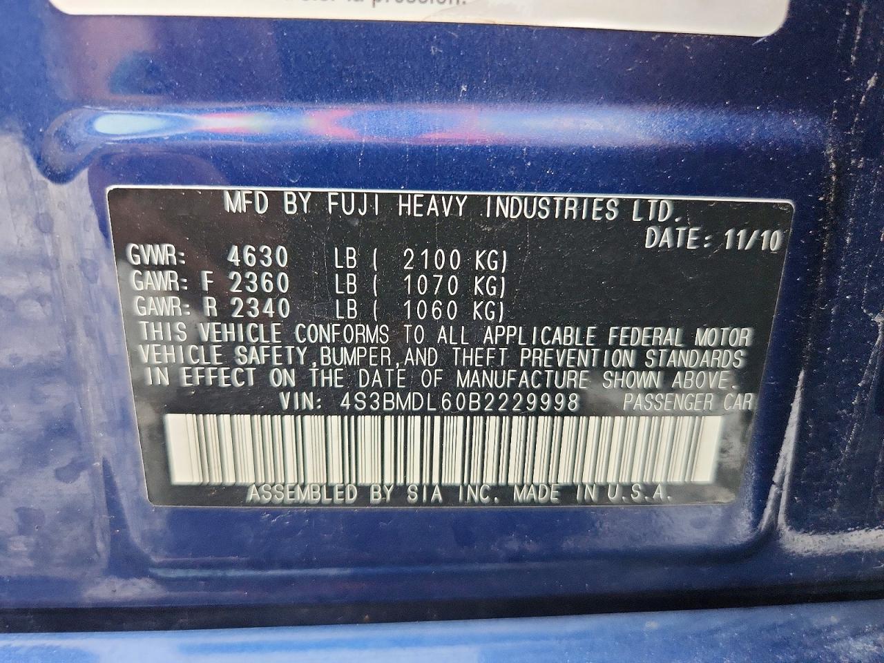 2011 Subaru Legacy 3.6r Limited Blue vin: 4S3BMDL60B2229998