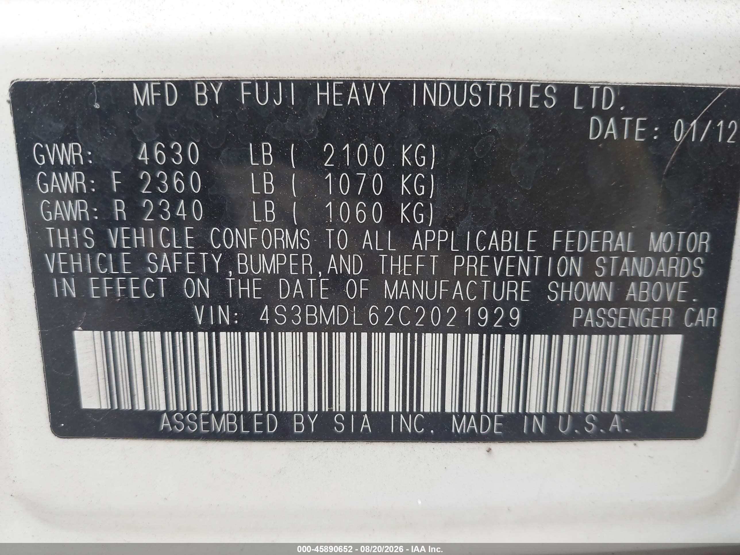 2012 Subaru Legacy 3.6r Limited White vin: 4S3BMDL62C2021929