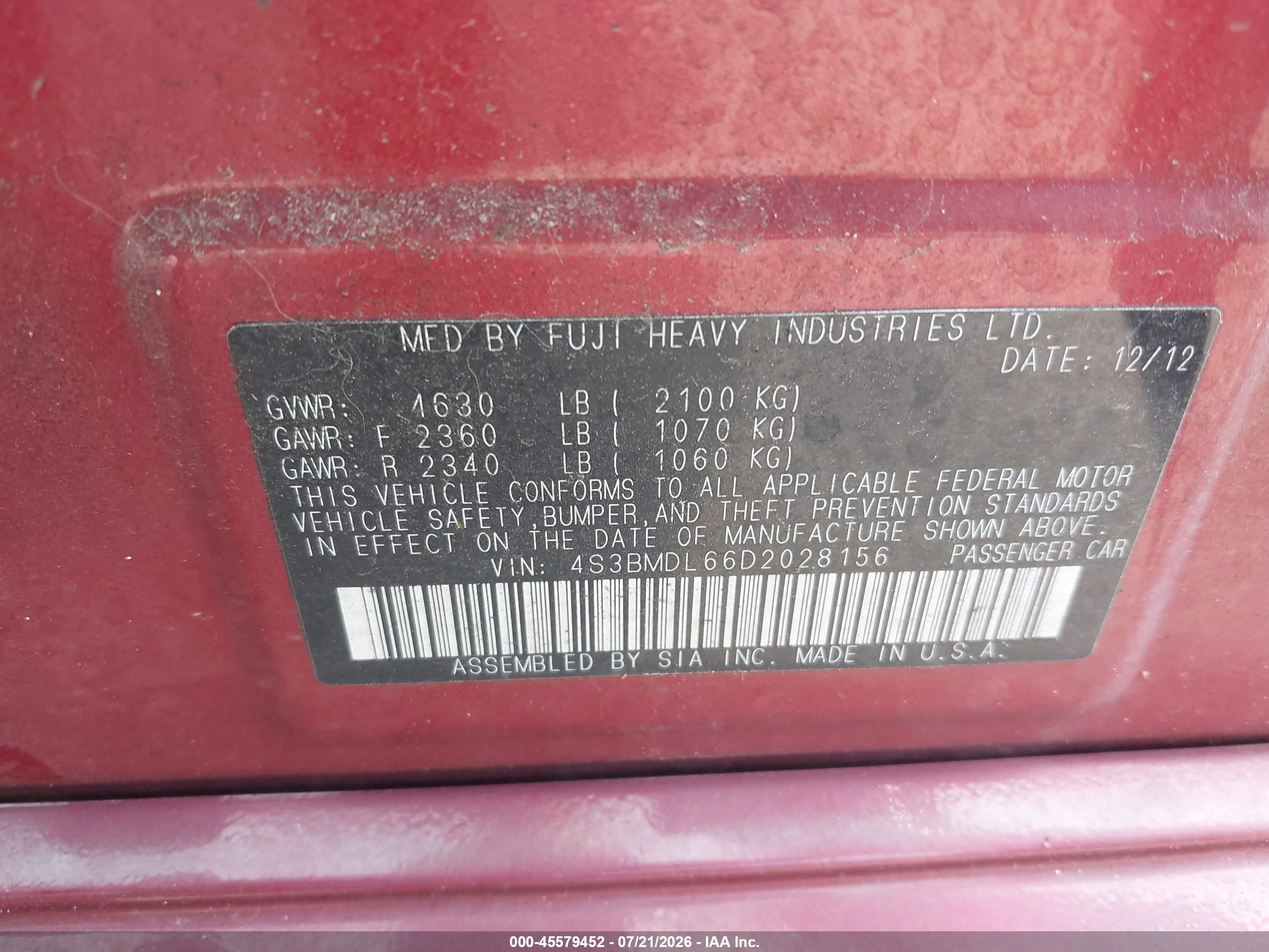 2013 Subaru Legacy 3.6r Limited Красный vin: 4S3BMDL66D2028156