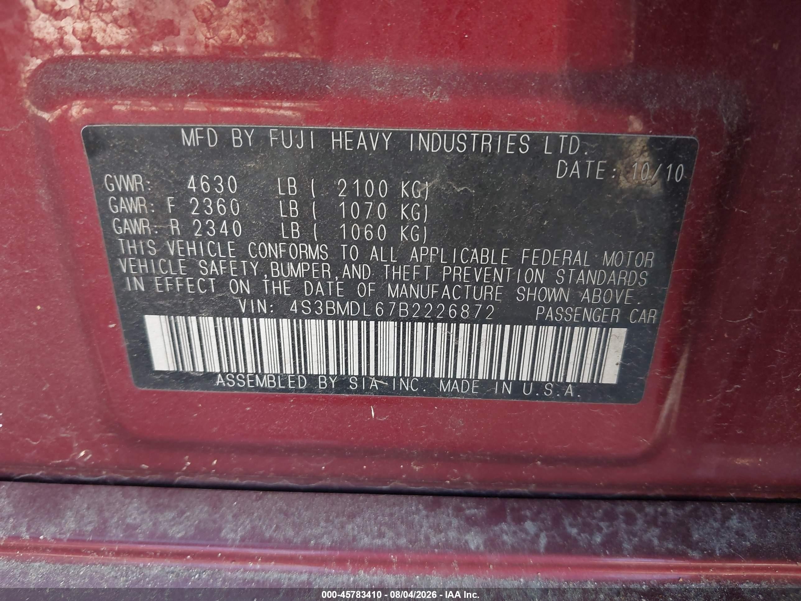 2011 Subaru Legacy 3.6r Limited Красный vin: 4S3BMDL67B2226872