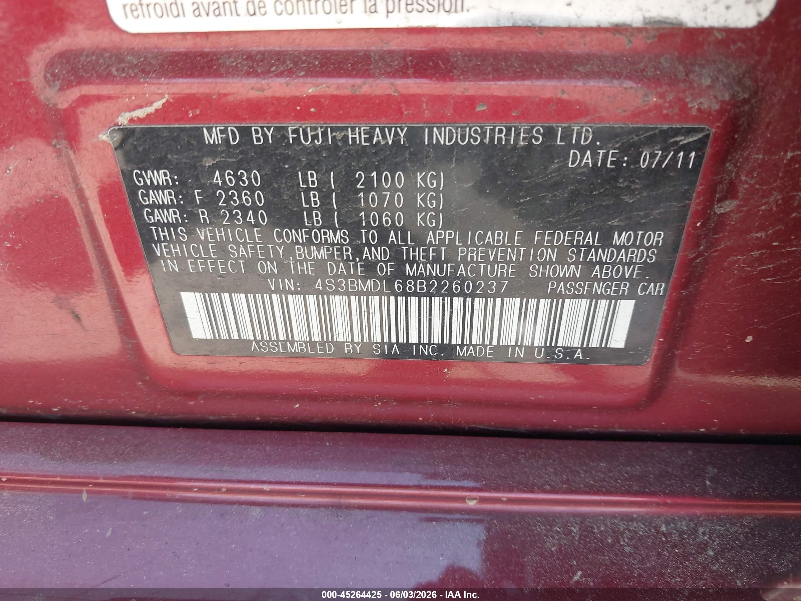 2011 Subaru Legacy 3.6r Limited Red vin: 4S3BMDL68B2260237