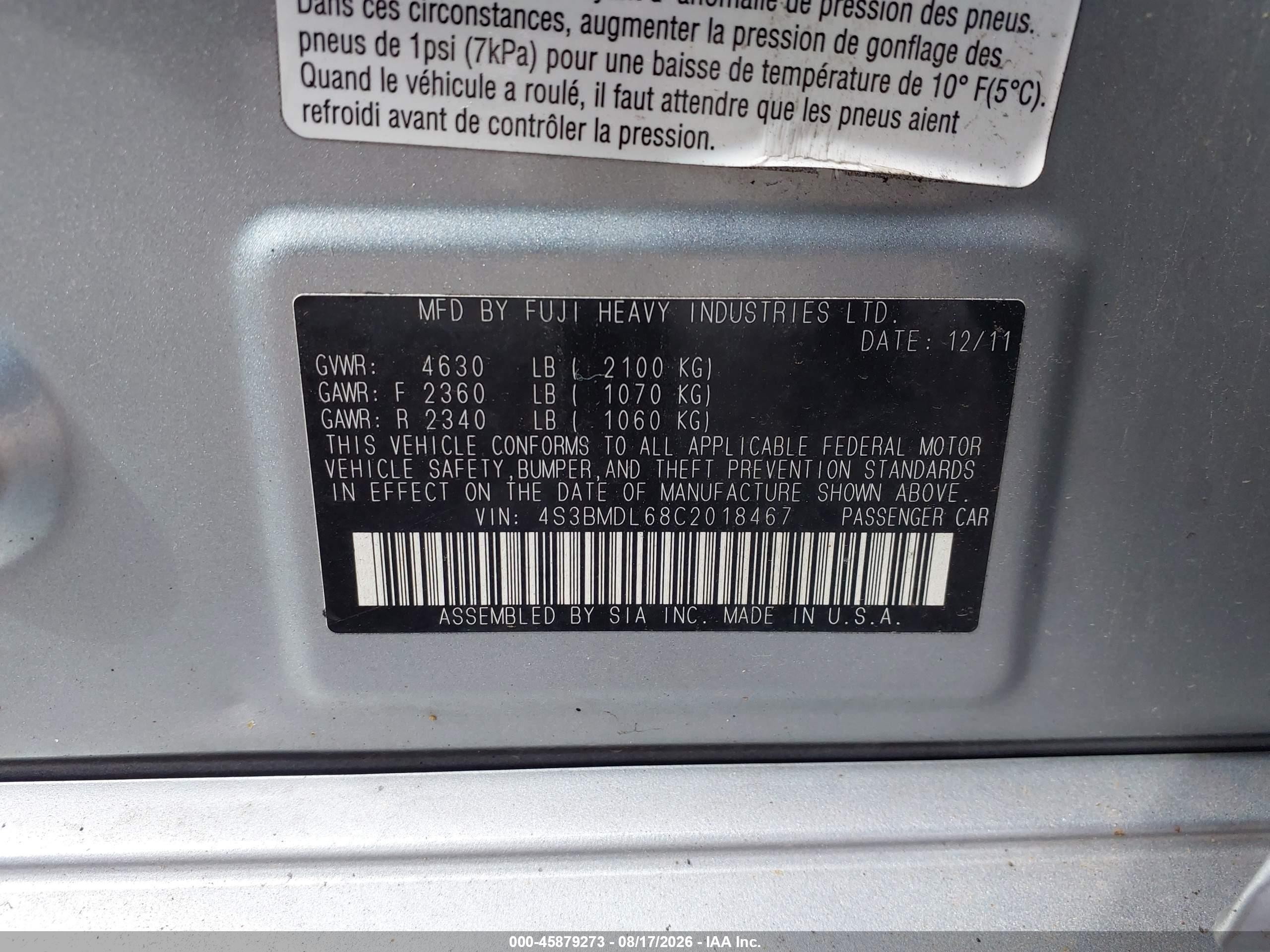 2012 Subaru Legacy 3.6r Limited Серебряный vin: 4S3BMDL68C2018467