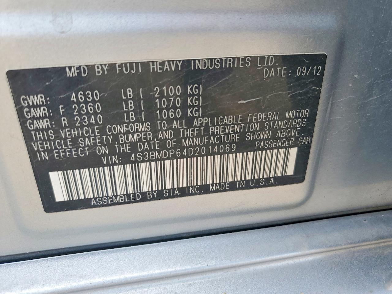 2013 Subaru Legacy Blue vin: 4S3BMDP64D2014069