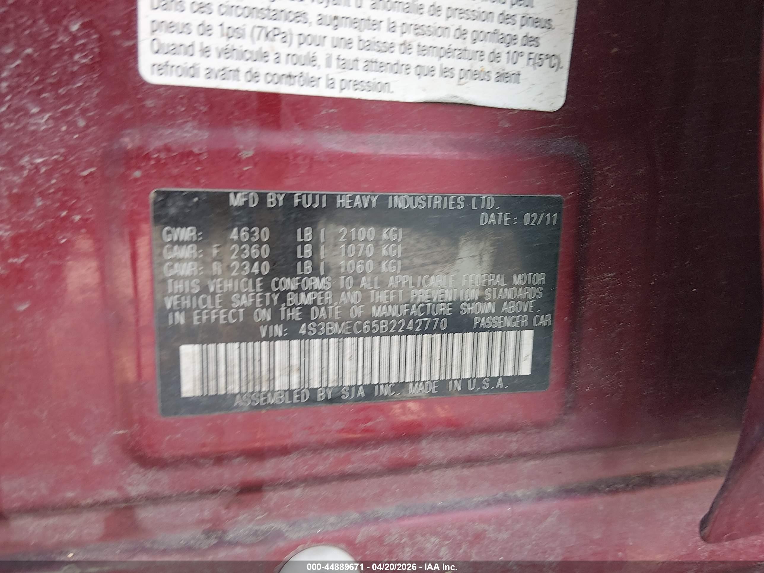 2011 Subaru Legacy 3.6r Premium Red vin: 4S3BMEC65B2242770