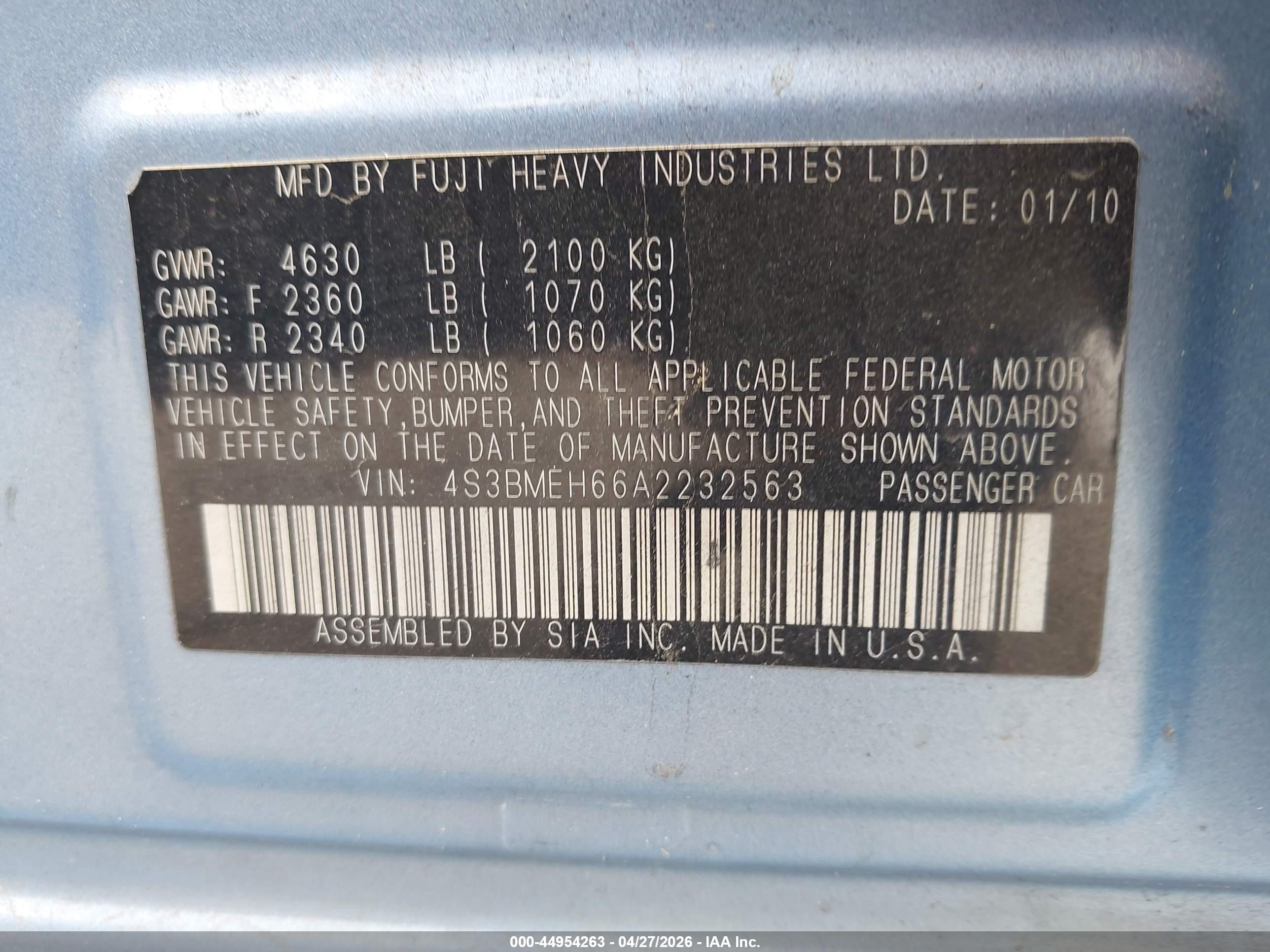 2010 Subaru Legacy 3.6r Premium Blue vin: 4S3BMEH66A2232563