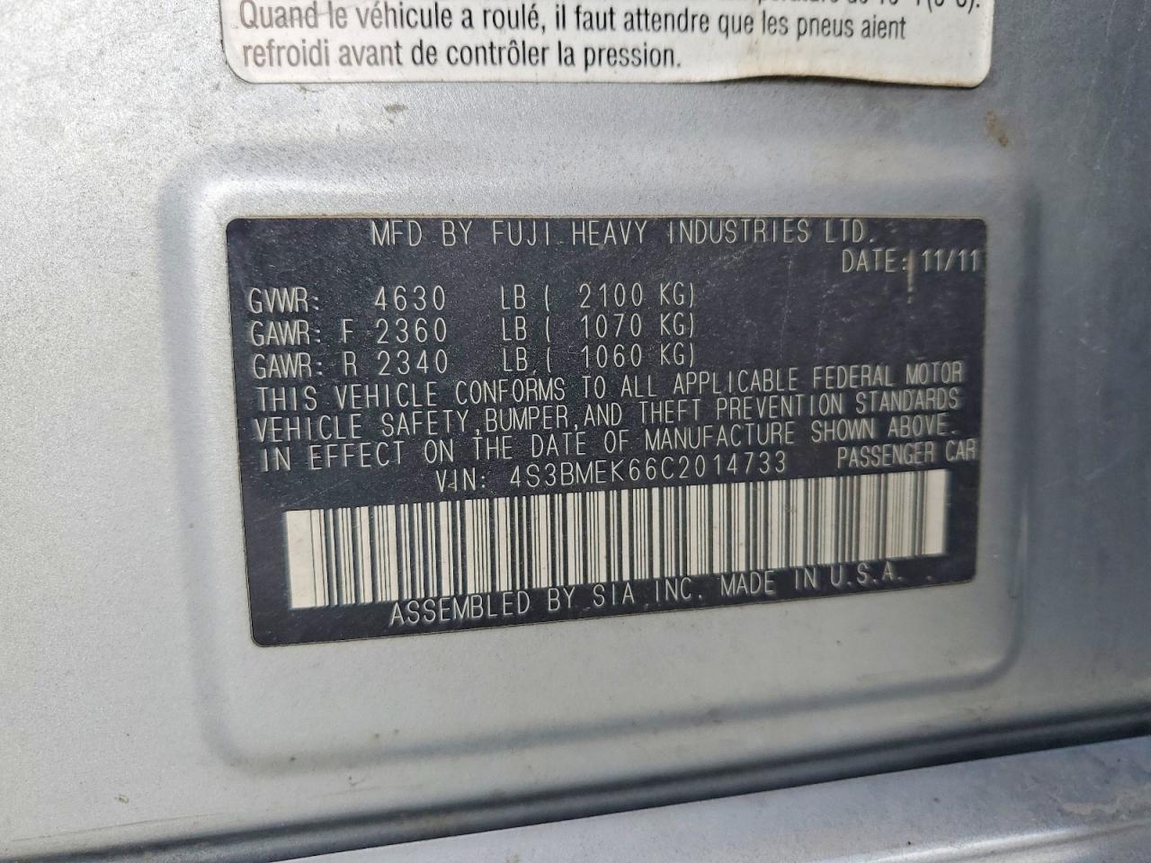 2012 Subaru Legacy 3.6r Limited Серебряный vin: 4S3BMEK66C2014733