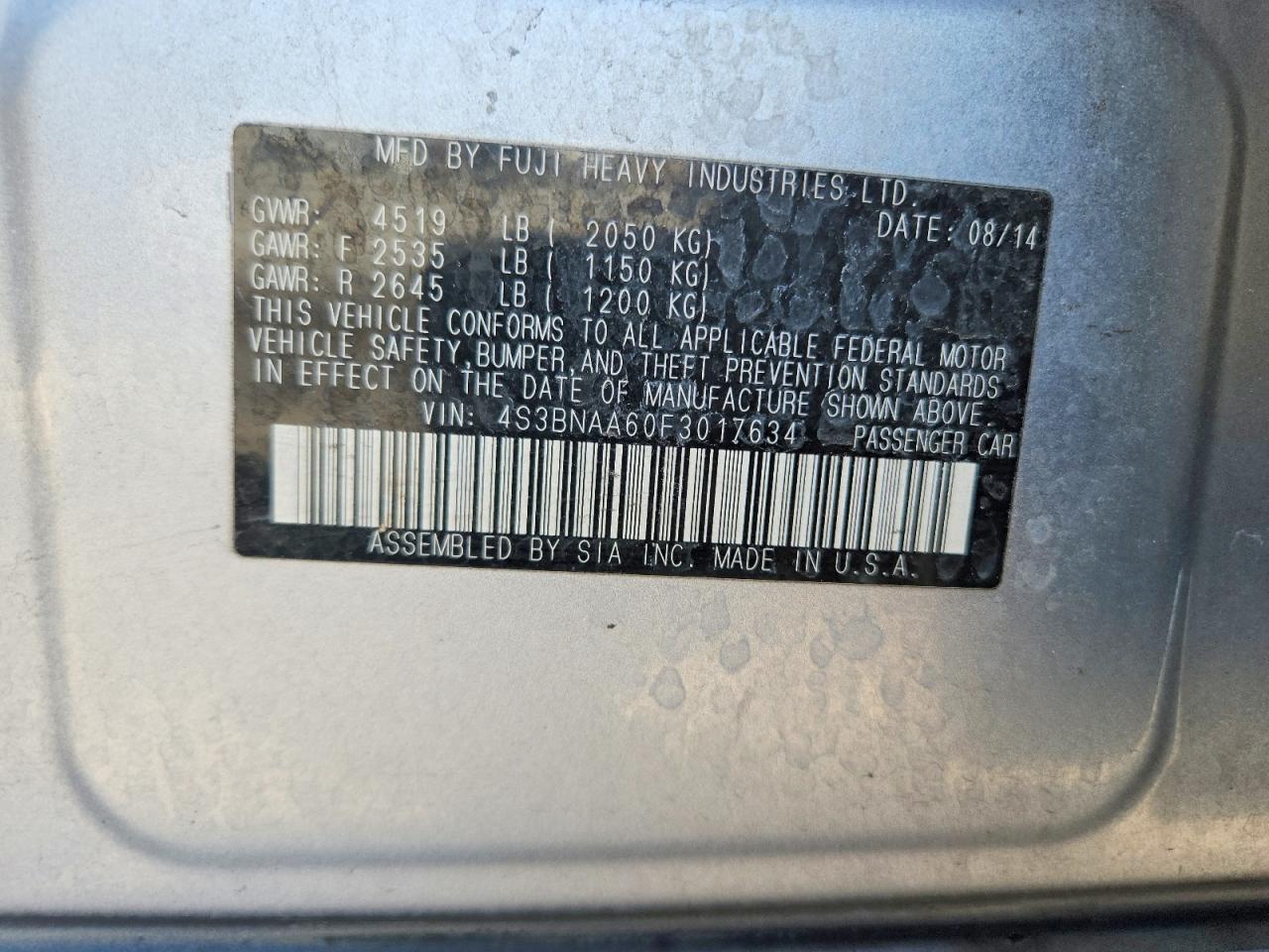 2015 Subaru Legacy 2.5i Silver vin: 4S3BNAA60F3017634