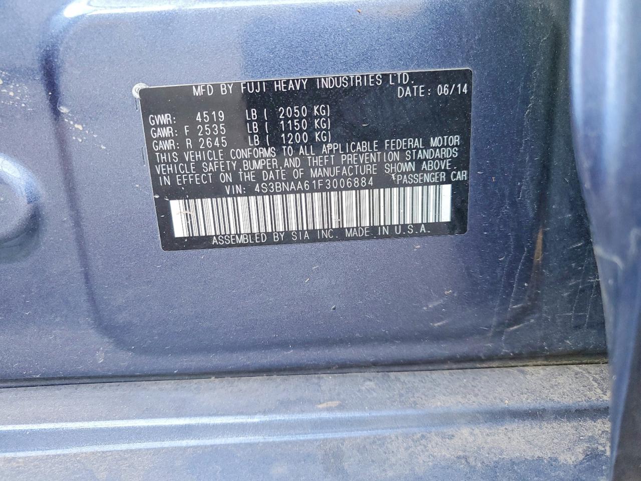 2015 Subaru Legacy 2.5i Blue vin: 4S3BNAA61F3006884