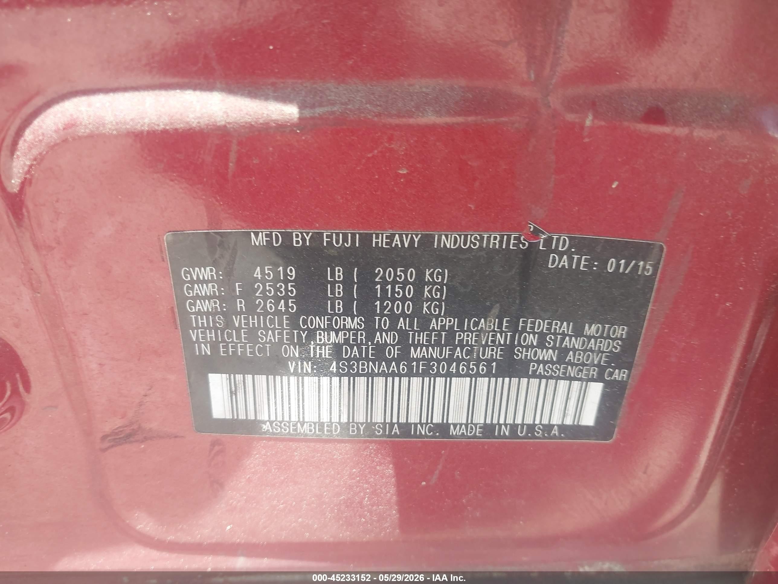 2015 Subaru Legacy 2.5i Red vin: 4S3BNAA61F3046561