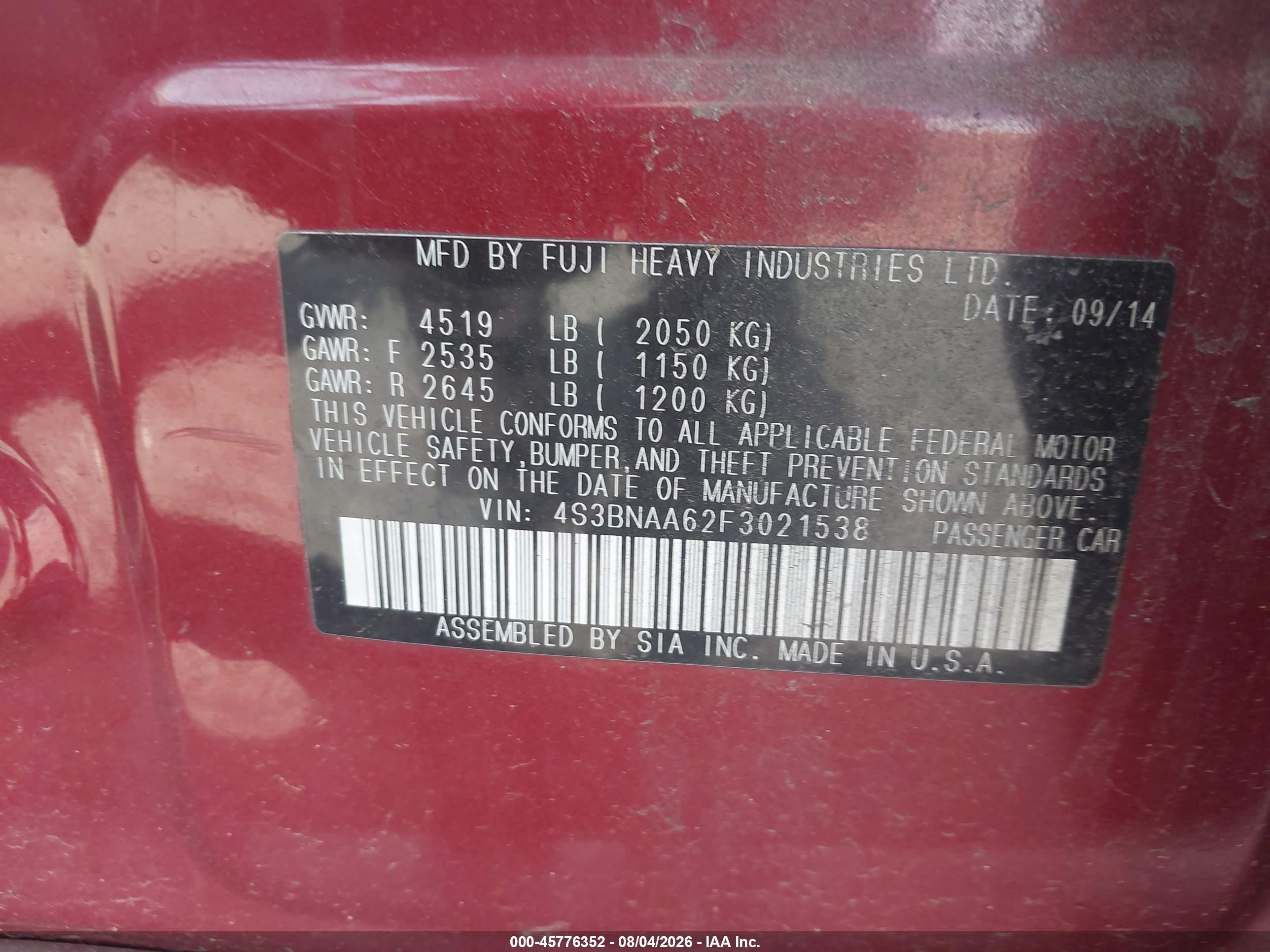 2015 Subaru Legacy 2.5i Red vin: 4S3BNAA62F3021538