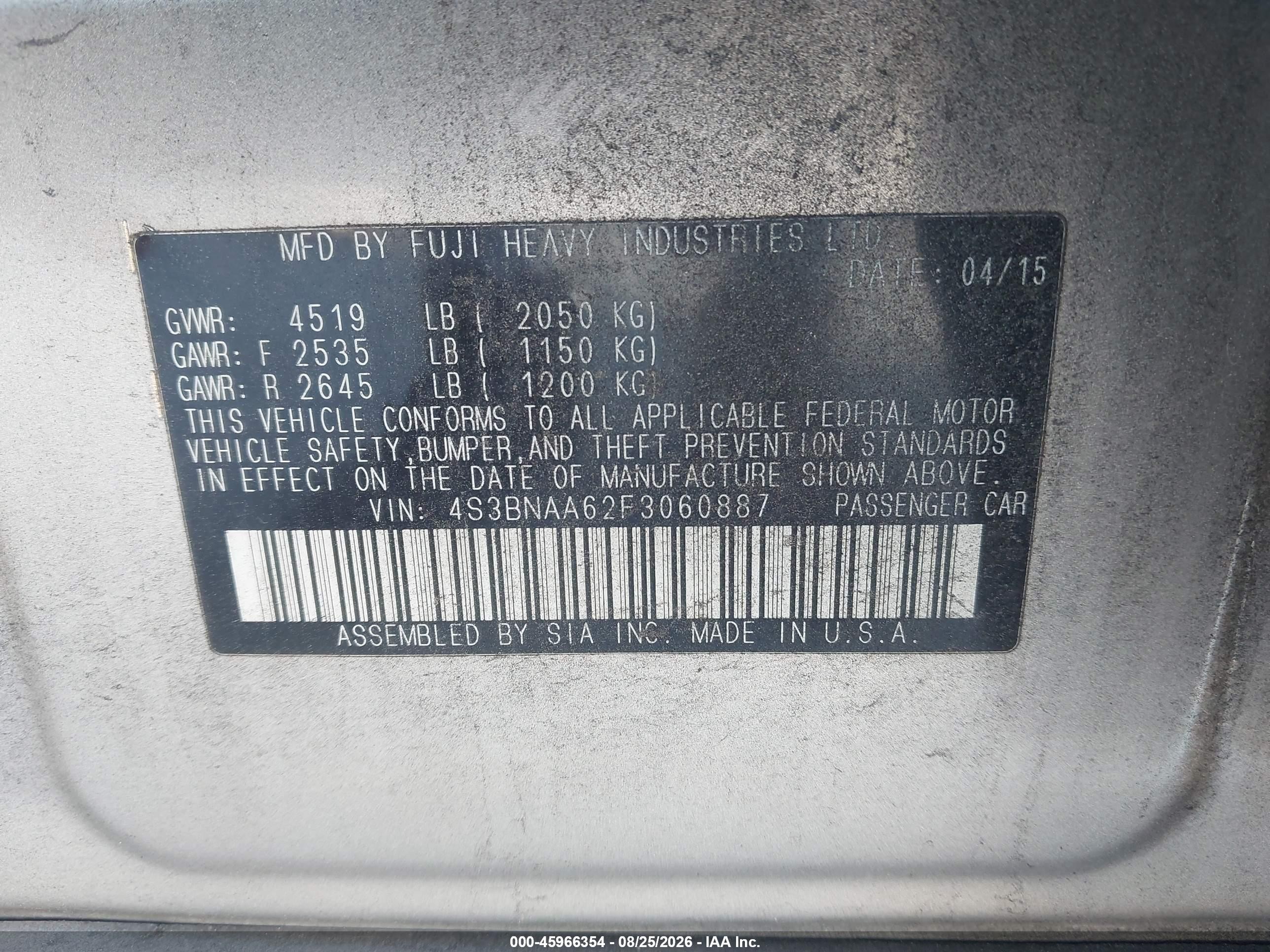 2015 Subaru Legacy 2.5i Silver vin: 4S3BNAA62F3060887