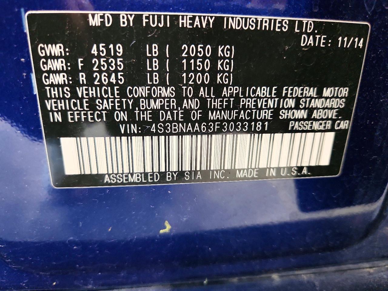 2015 Subaru Legacy 2.5i Blue vin: 4S3BNAA63F3033181