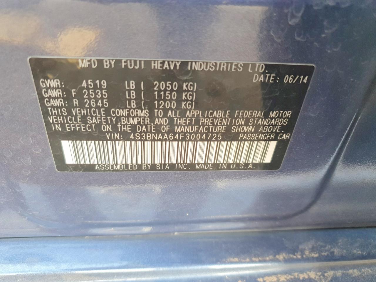 2015 Subaru Legacy 2.5i Blue vin: 4S3BNAA64F3004725