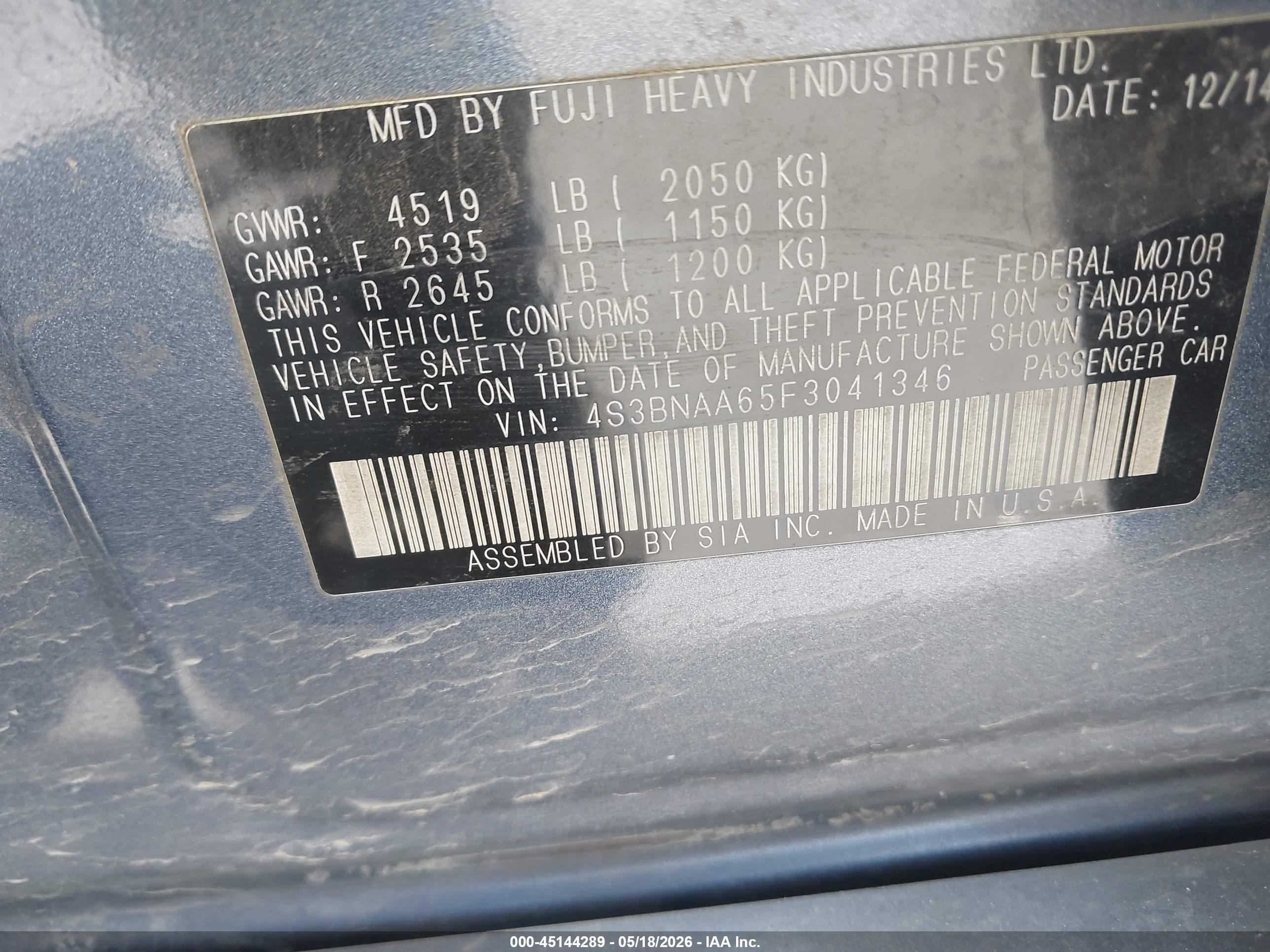 2015 Subaru Legacy 2.5i Blue vin: 4S3BNAA65F3041346