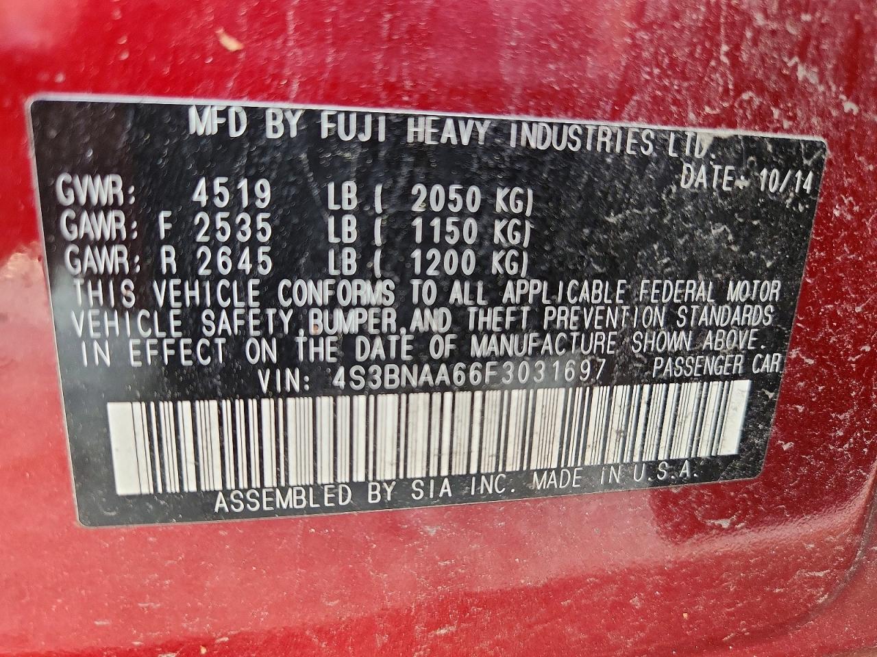 2015 Subaru Legacy 2.5i Красный vin: 4S3BNAA66F3031697