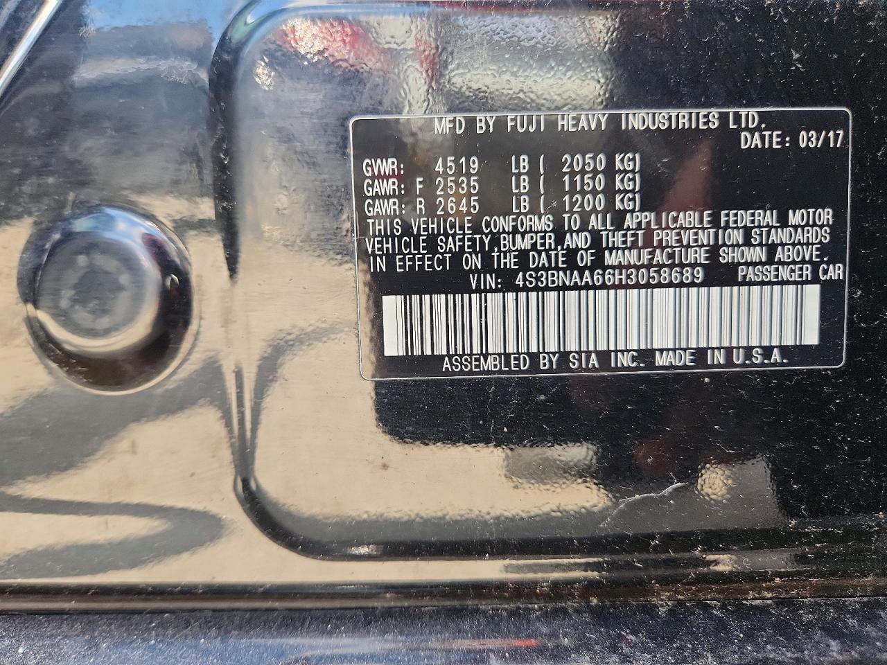 2017 Subaru Legacy 2.5i Black vin: 4S3BNAA66H3058689