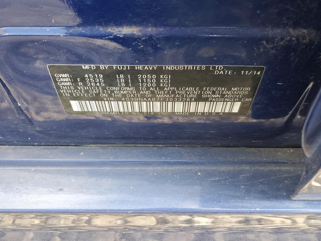 2015 Subaru Legacy 2.5i Blue vin: 4S3BNAA67F3033264