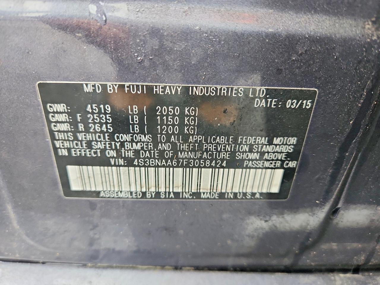 2015 Subaru Legacy 2.5i Blue vin: 4S3BNAA67F3058424