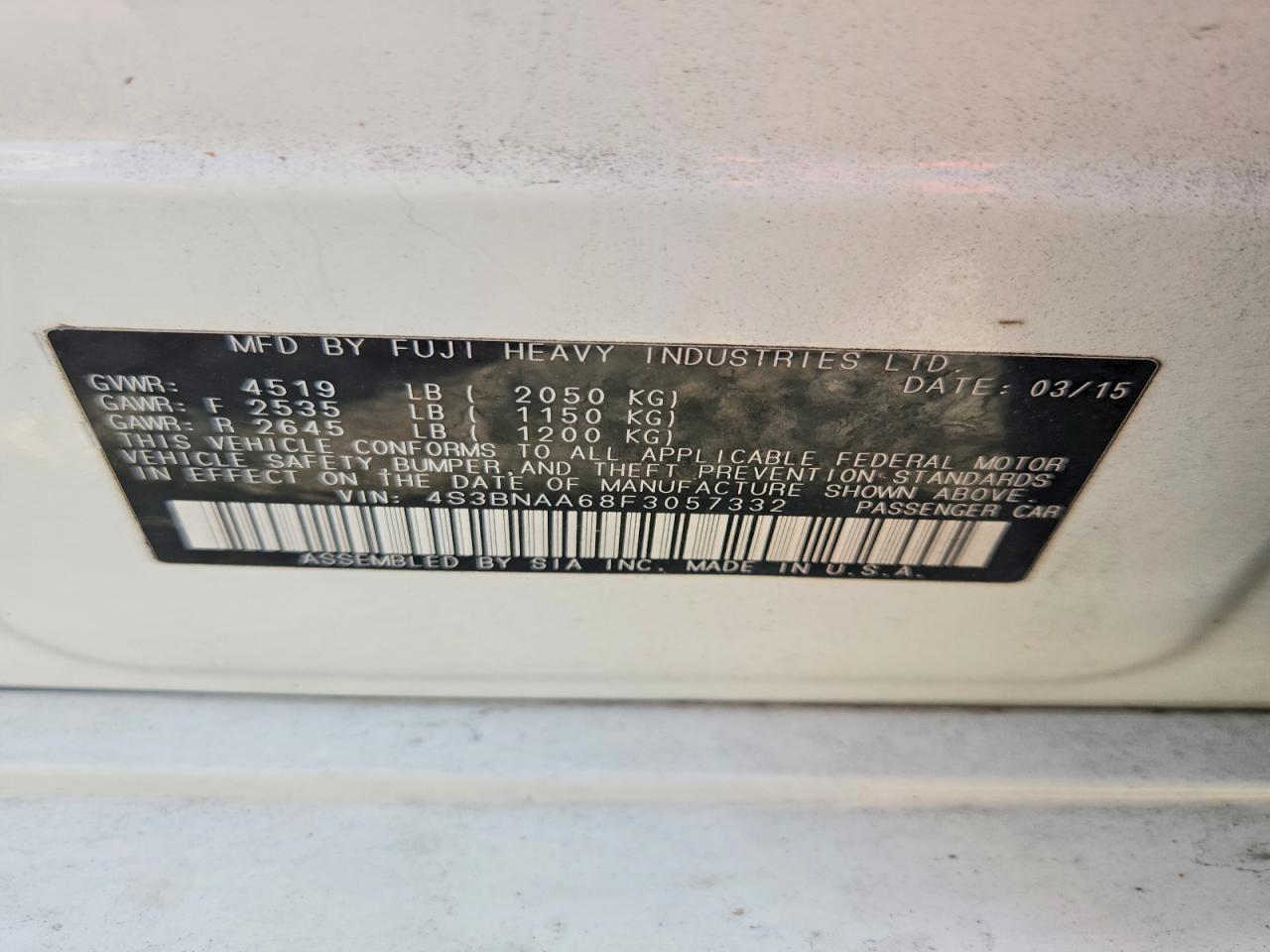2015 Subaru Legacy 2.5i White vin: 4S3BNAA68F3057332