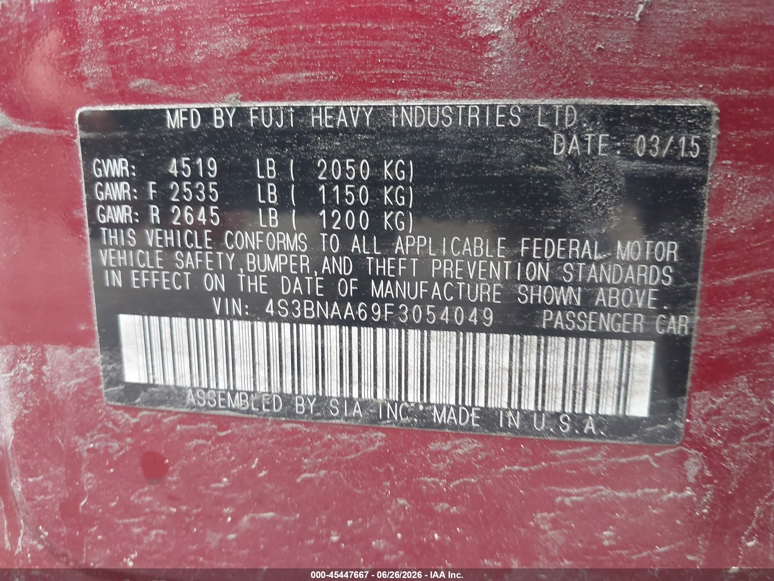 2015 Subaru Legacy 2.5i Red vin: 4S3BNAA69F3054049