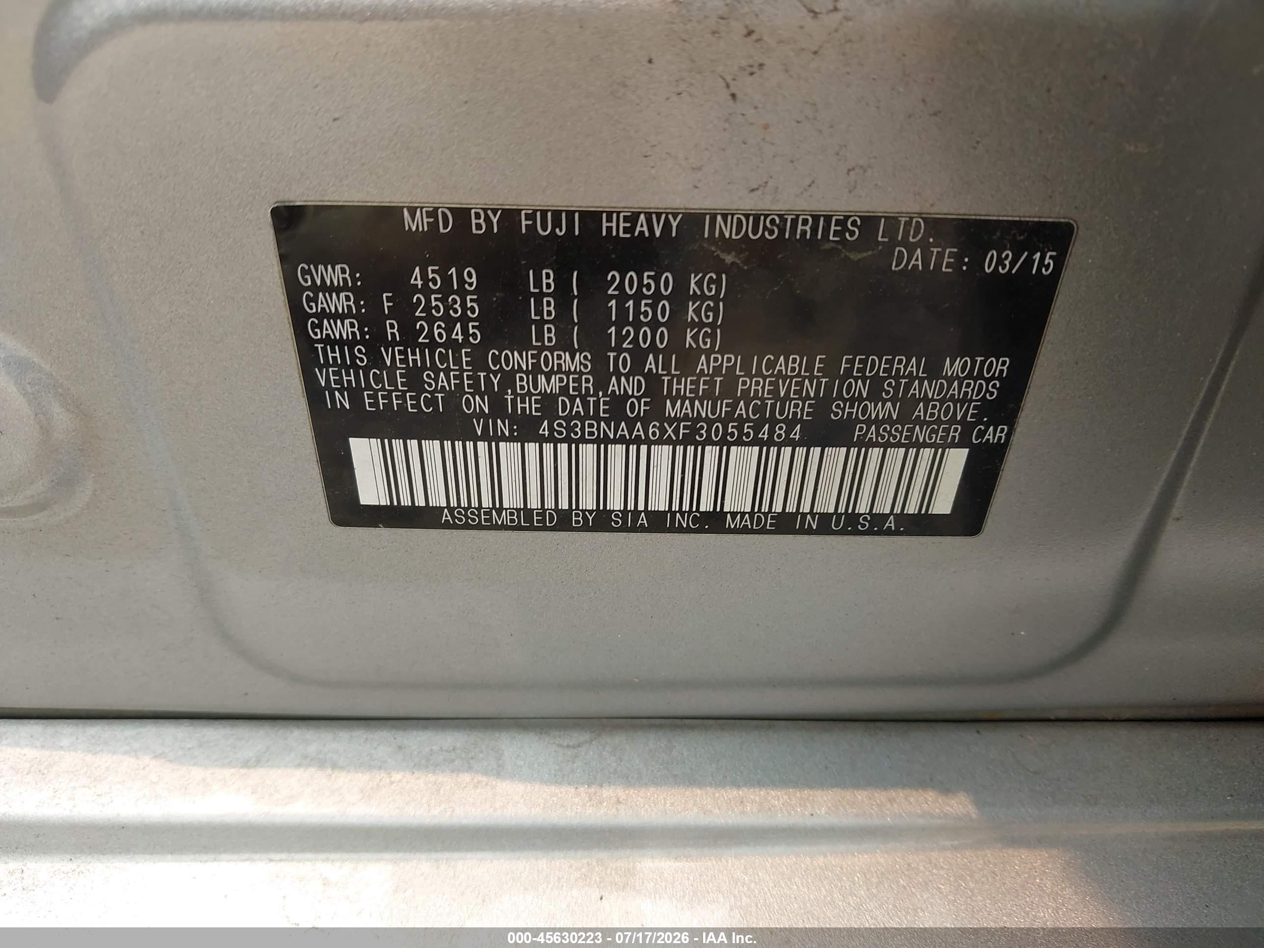 2015 Subaru Legacy 2.5i Silver vin: 4S3BNAA6XF3055484