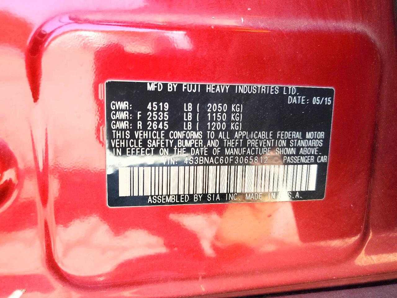 2015 Subaru Legacy 2.5i Premium Red vin: 4S3BNAC60F3065812