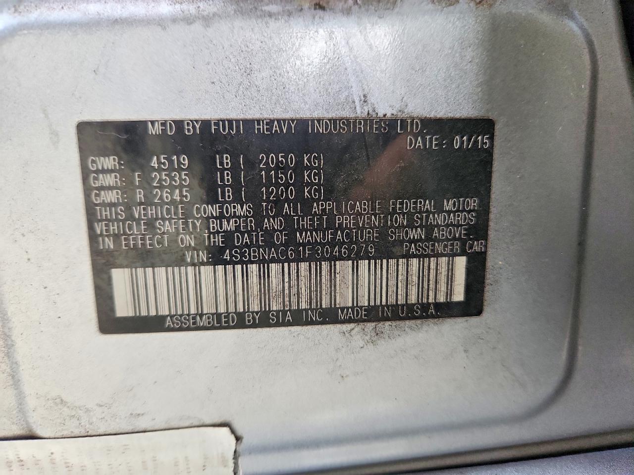 2015 Subaru Legacy 2.5i Premium Silver vin: 4S3BNAC61F3046279