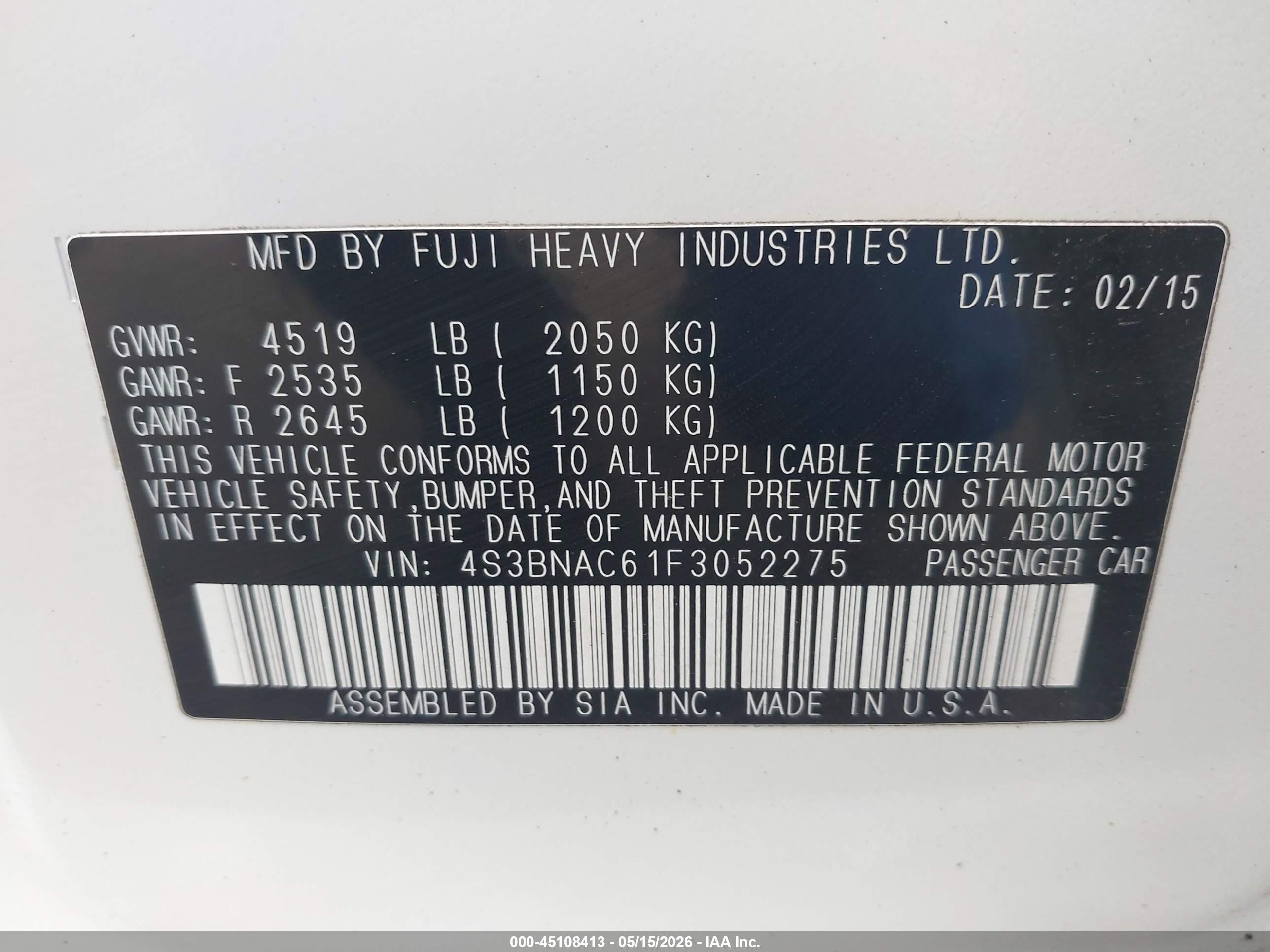 2015 Subaru Legacy 2.5i Premium White vin: 4S3BNAC61F3052275
