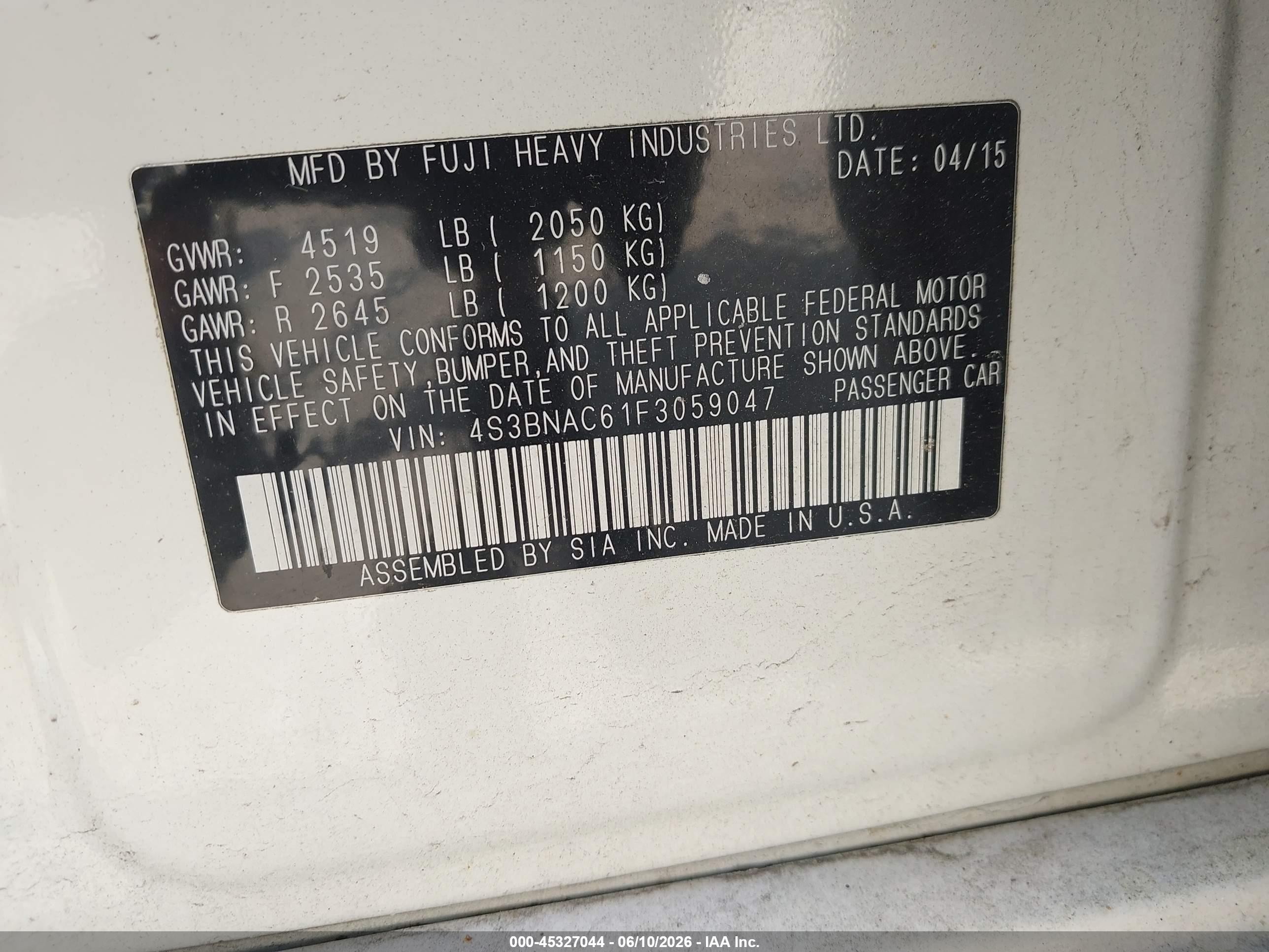 2015 Subaru Legacy 2.5i Premium White vin: 4S3BNAC61F3059047