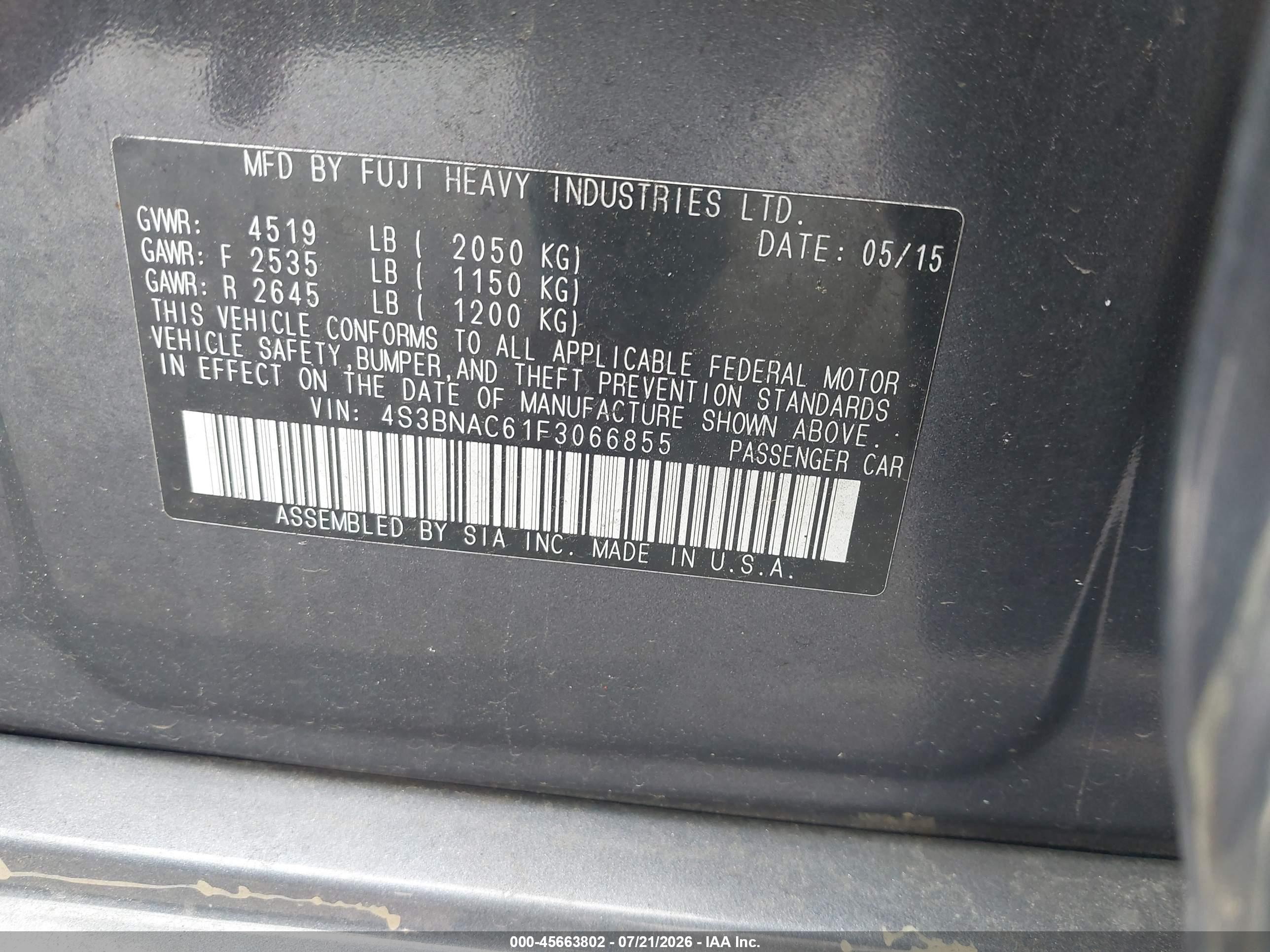 2015 Subaru Legacy 2.5i Premium Blue vin: 4S3BNAC61F3066855