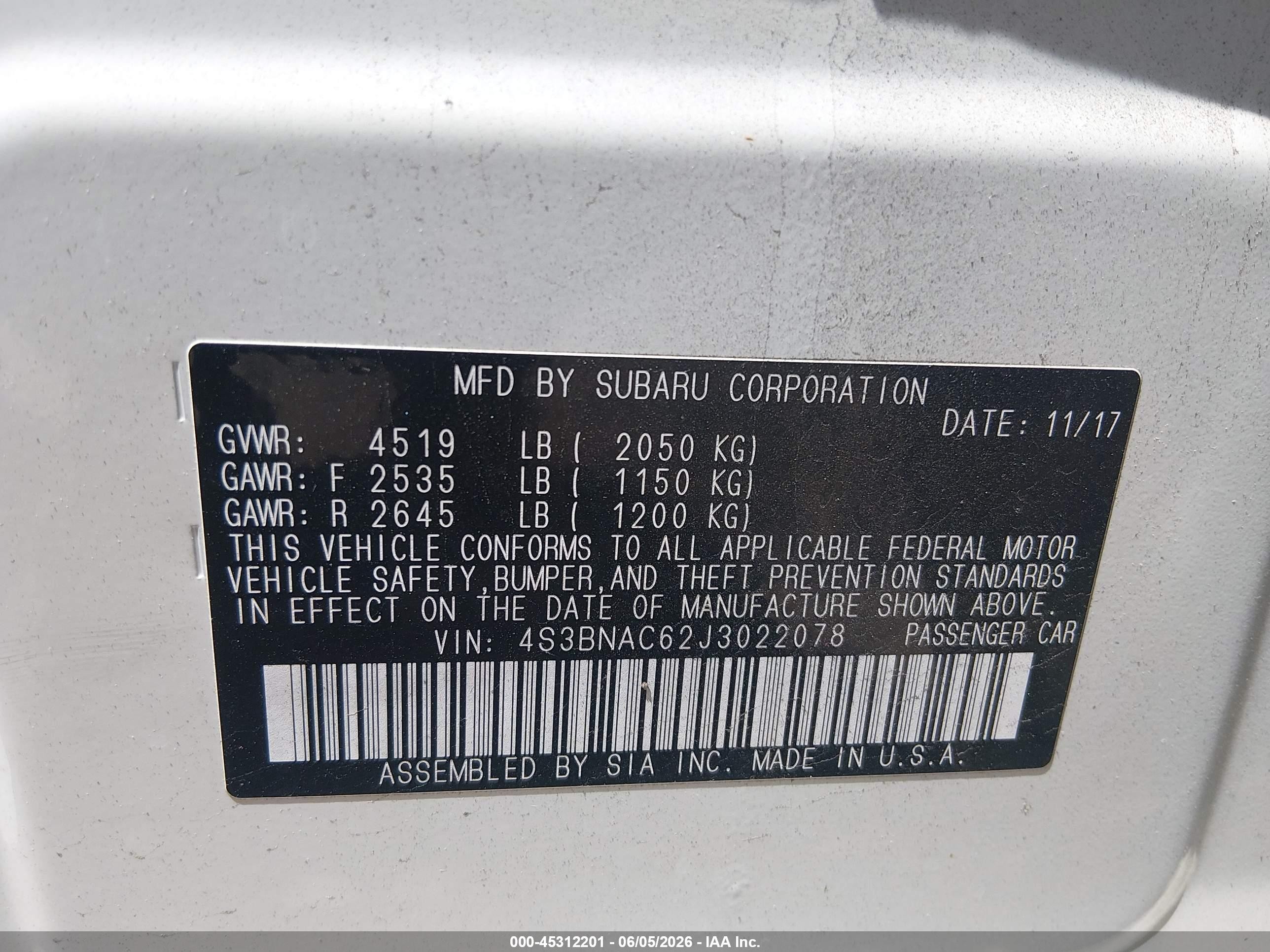 2018 Subaru Legacy 2.5i Premium White vin: 4S3BNAC62J3022078