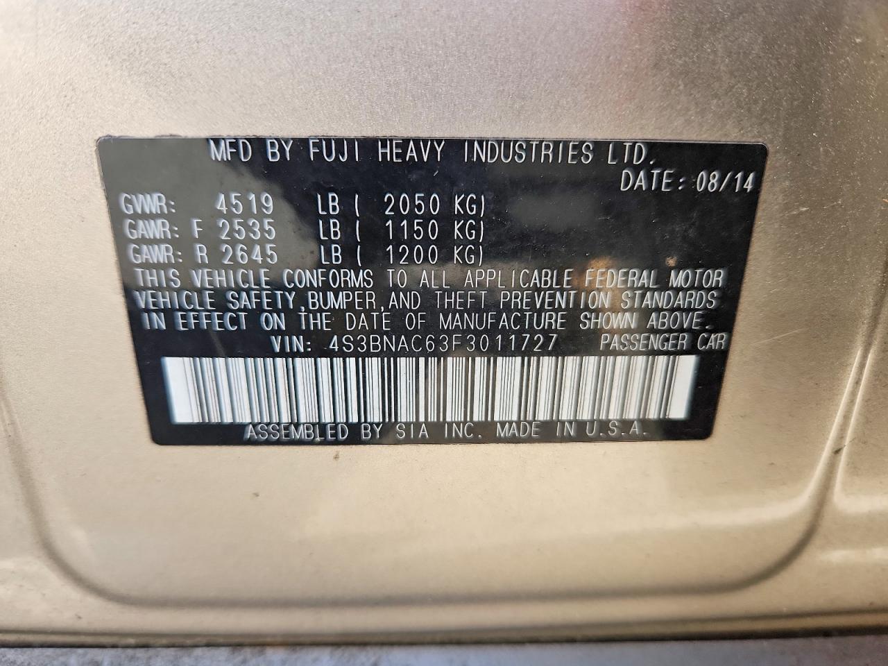 2015 Subaru Legacy 2.5i Premium Beige vin: 4S3BNAC63F3011727