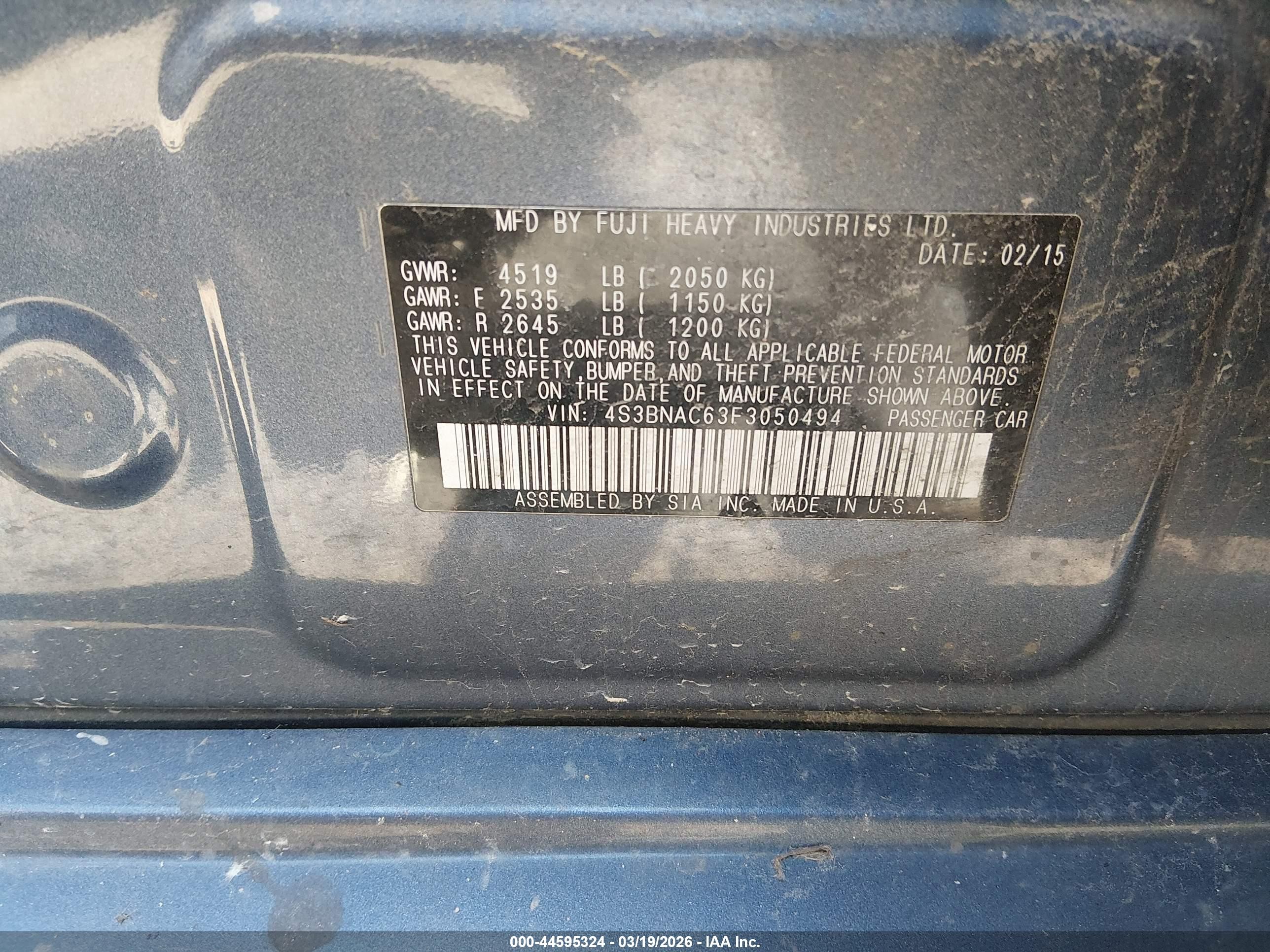 2015 Subaru Legacy 2.5i Premium Blue vin: 4S3BNAC63F3050494
