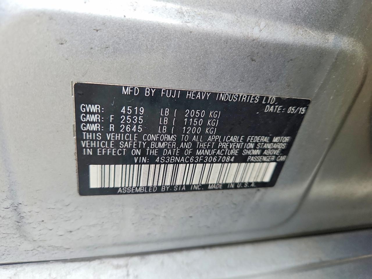 2015 Subaru Legacy 2.5i Premium Silver vin: 4S3BNAC63F3067084