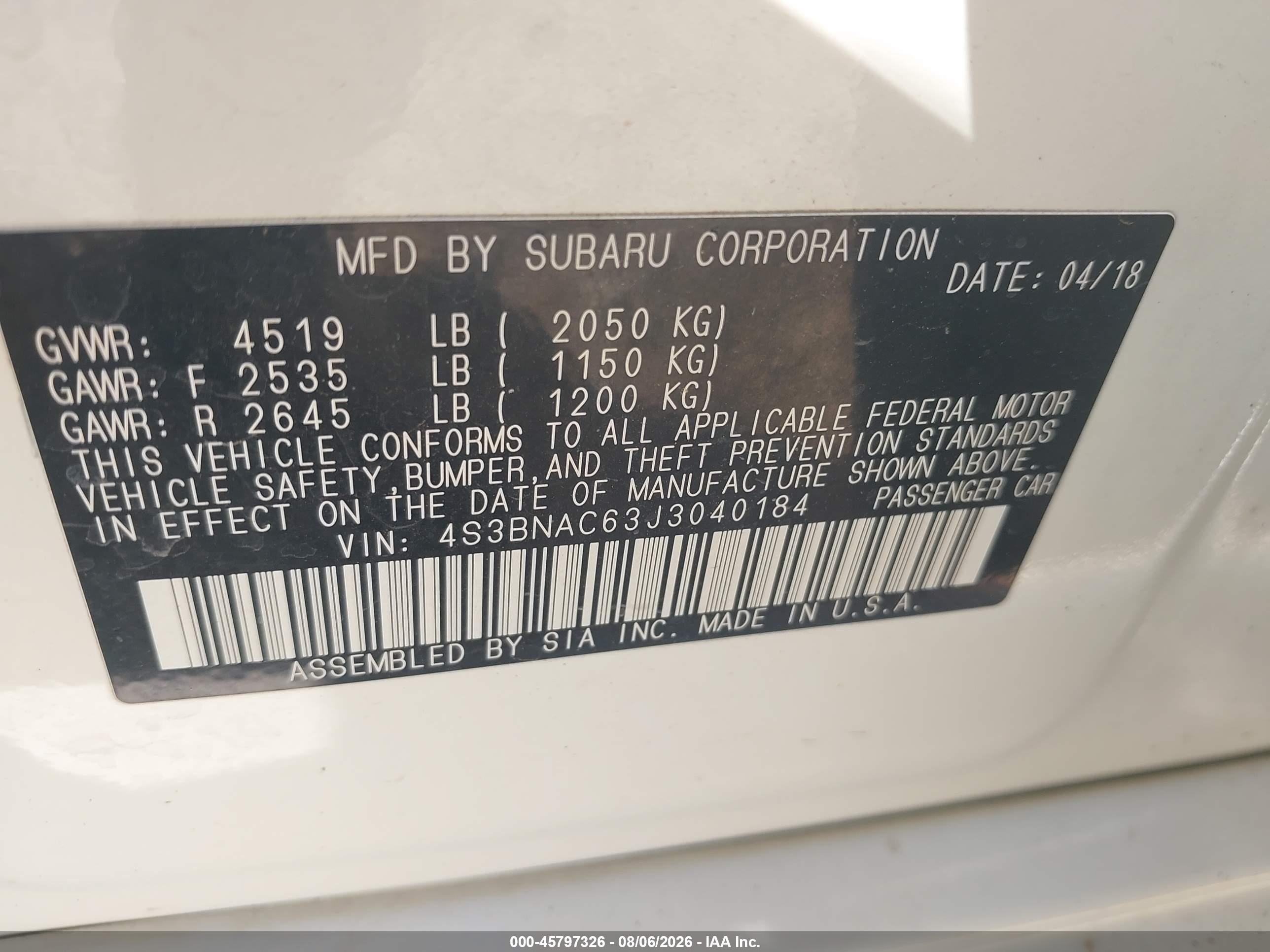 2018 Subaru Legacy 2.5i Premium White vin: 4S3BNAC63J3040184