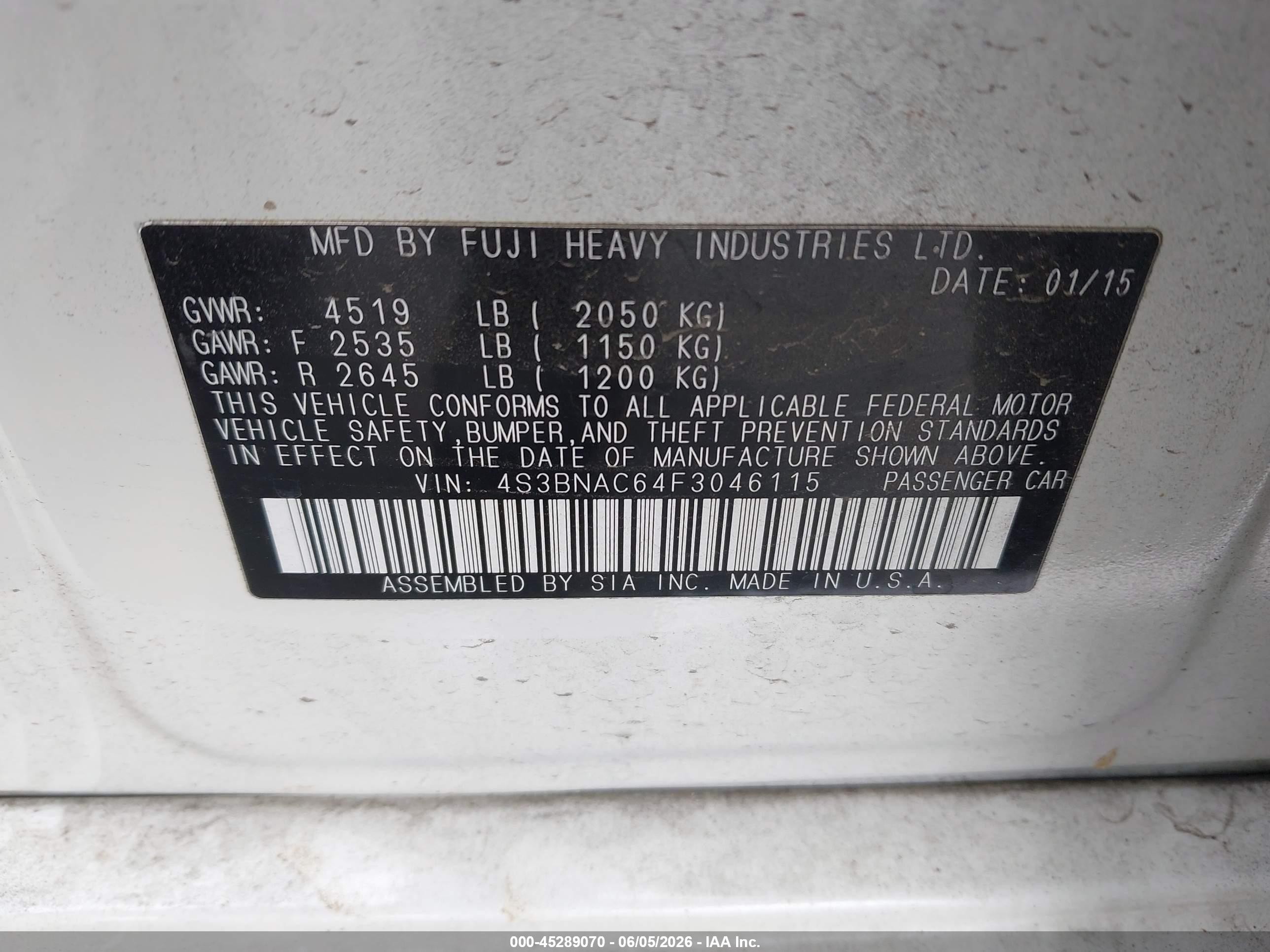 2015 Subaru Legacy 2.5i Premium White vin: 4S3BNAC64F3046115