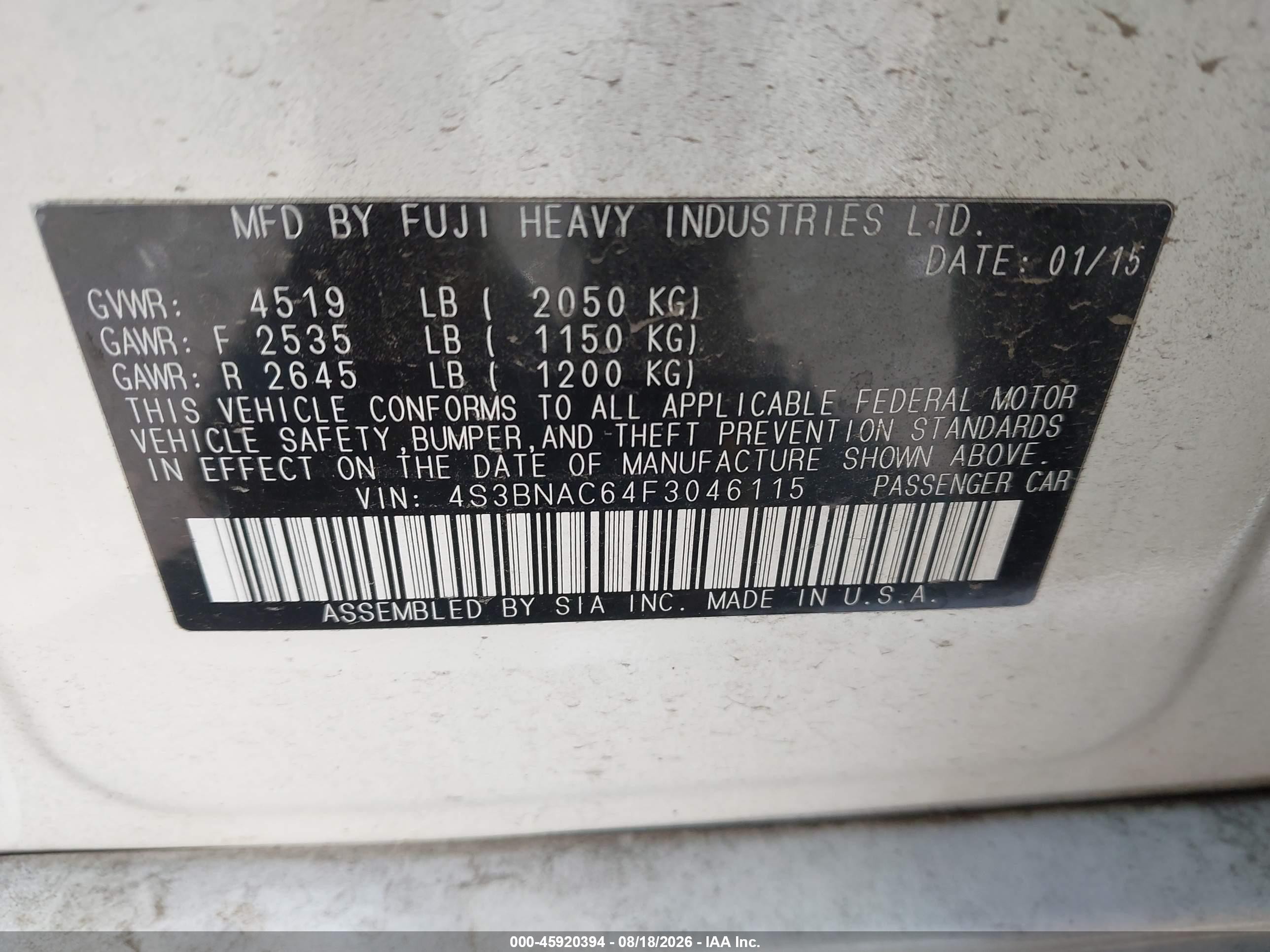 2015 Subaru Legacy 2.5i Premium White vin: 4S3BNAC64F3046115