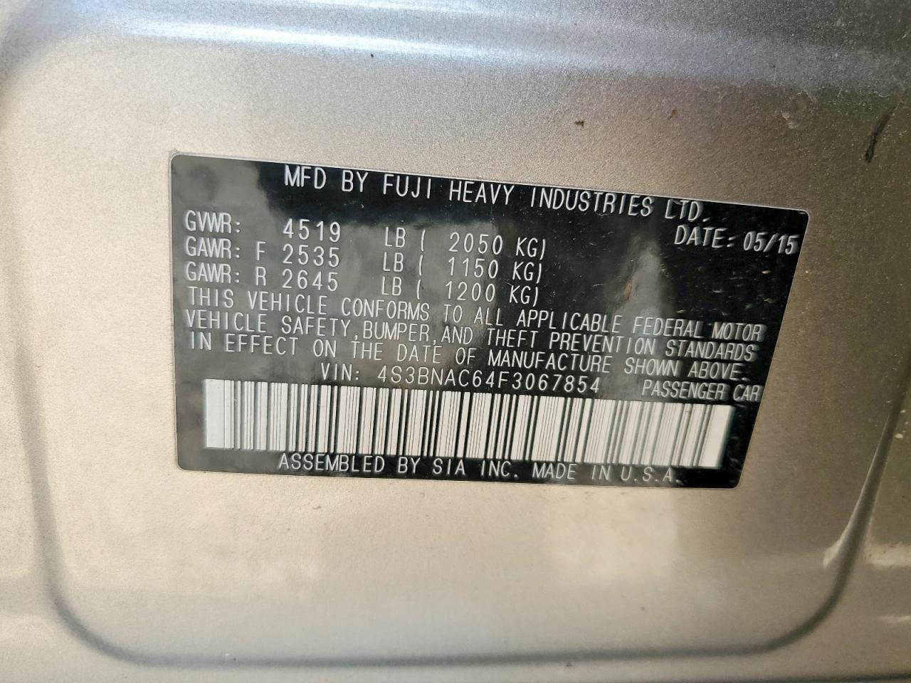 2015 Subaru Legacy 2.5i Premium Silver vin: 4S3BNAC64F3067854