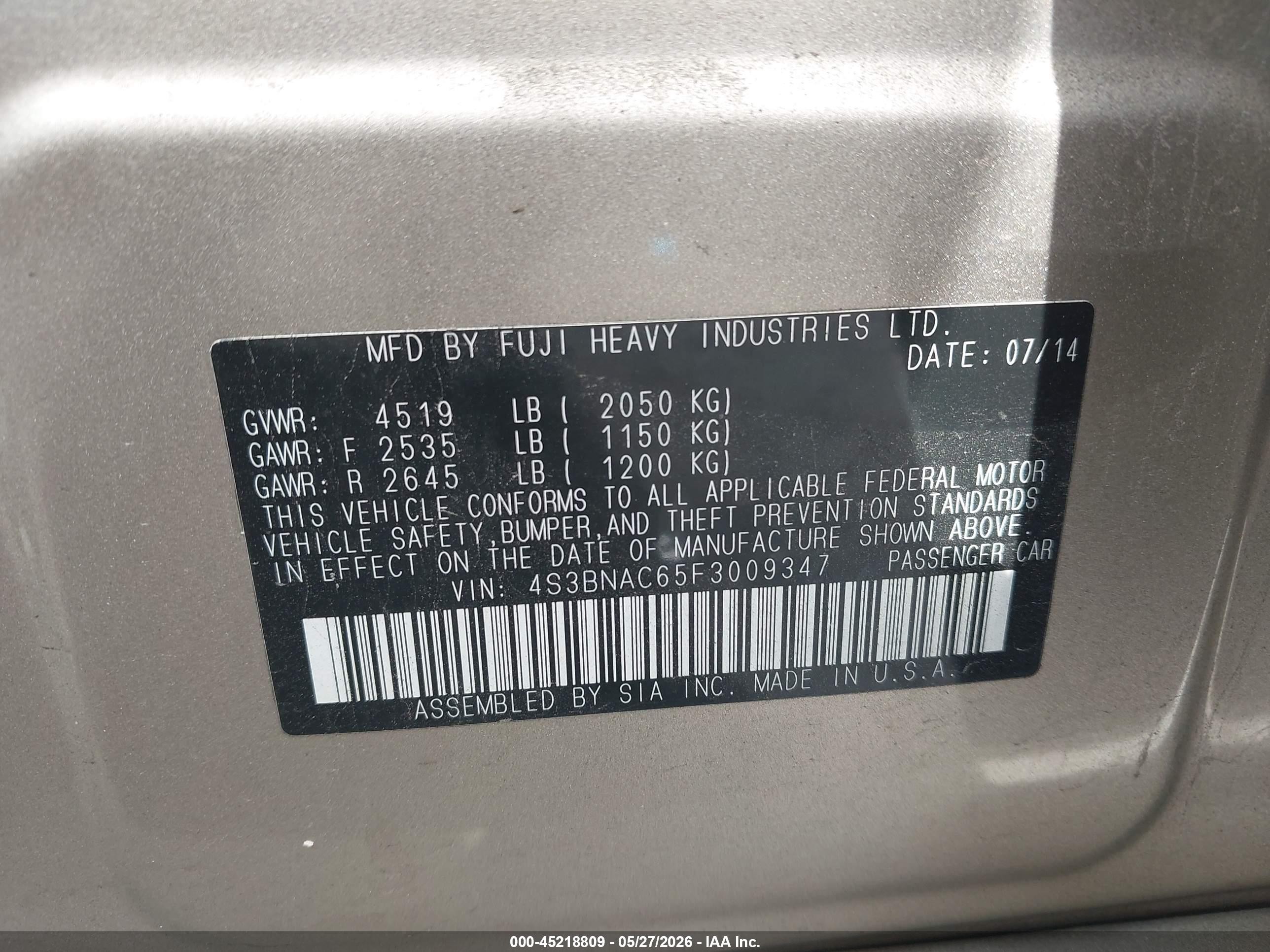 2015 Subaru Legacy 2.5i Premium Beige vin: 4S3BNAC65F3009347