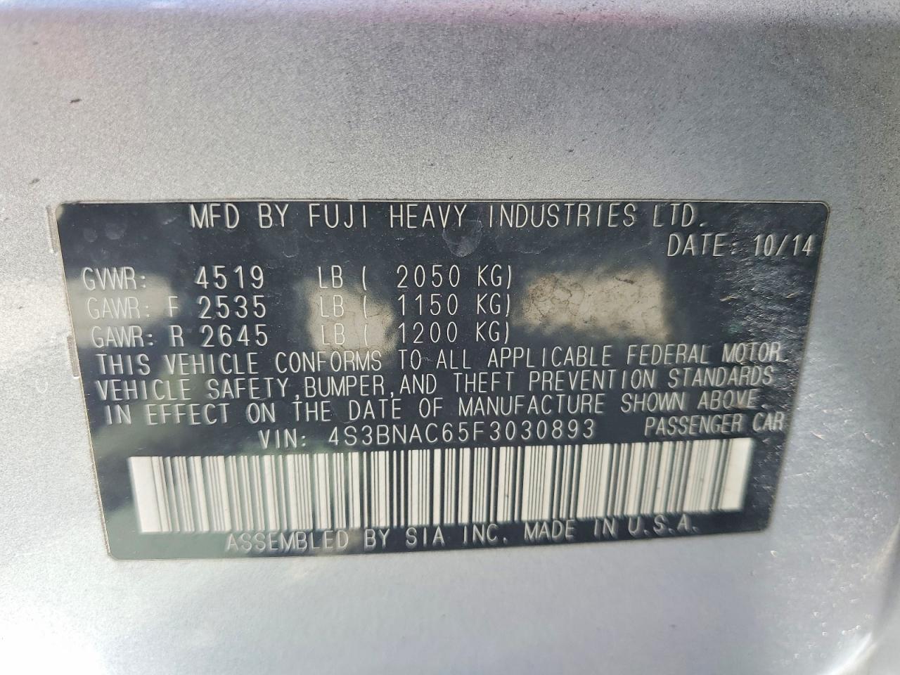 2015 Subaru Legacy 2.5i Premium Серебряный vin: 4S3BNAC65F3030893