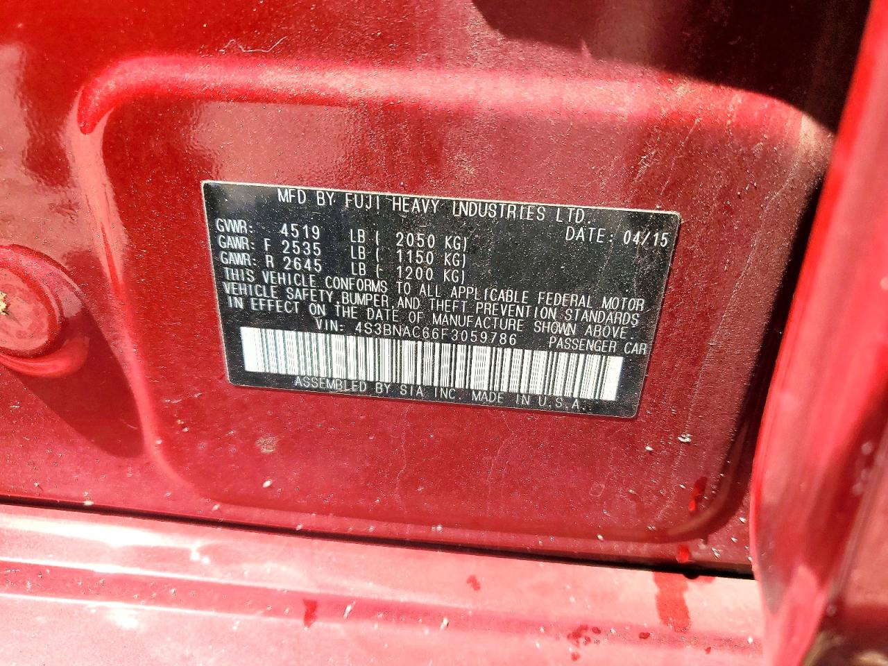 2015 Subaru Legacy 2.5i Premium Red vin: 4S3BNAC66F3059786