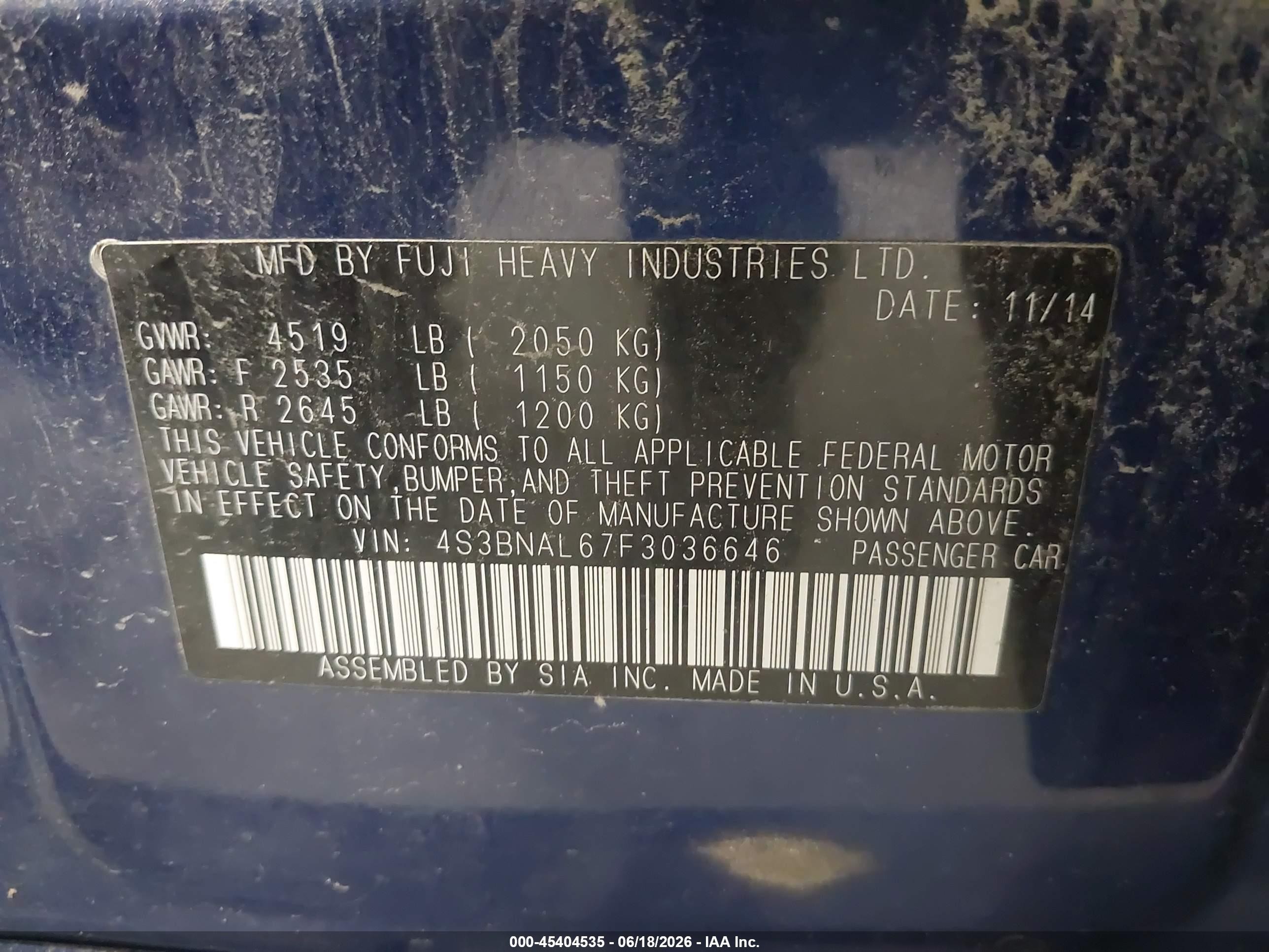 2015 Subaru Legacy 2.5i Premium Blue vin: 4S3BNAC67F3036646