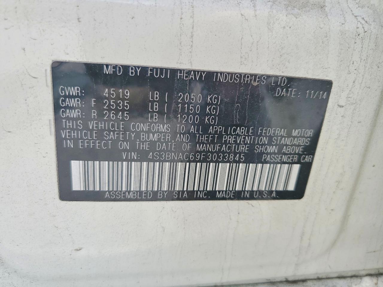 2015 Subaru Legacy 2.5i Premium White vin: 4S3BNAC69F3033845