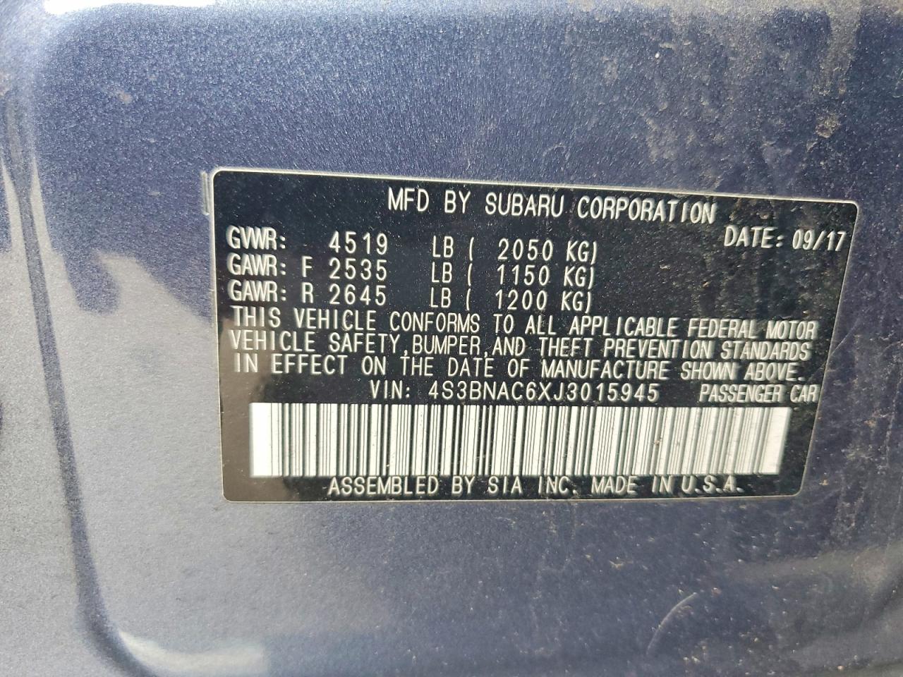 2018 Subaru Legacy Blue vin: 4S3BNAC6XJ3015945