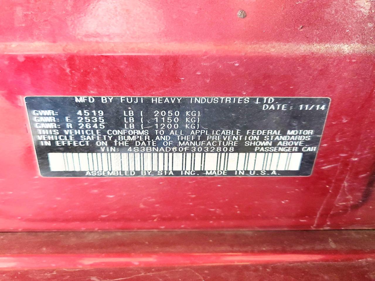 2015 Subaru Legacy 2.5i Premium Red vin: 4S3BNAD60F3032808