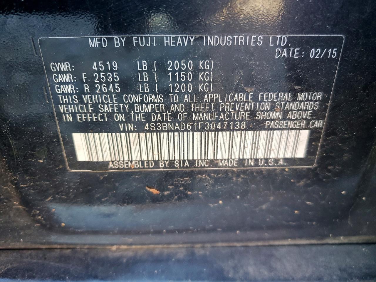 2015 Subaru Legacy 2.5i Premium Black vin: 4S3BNAD61F3047138