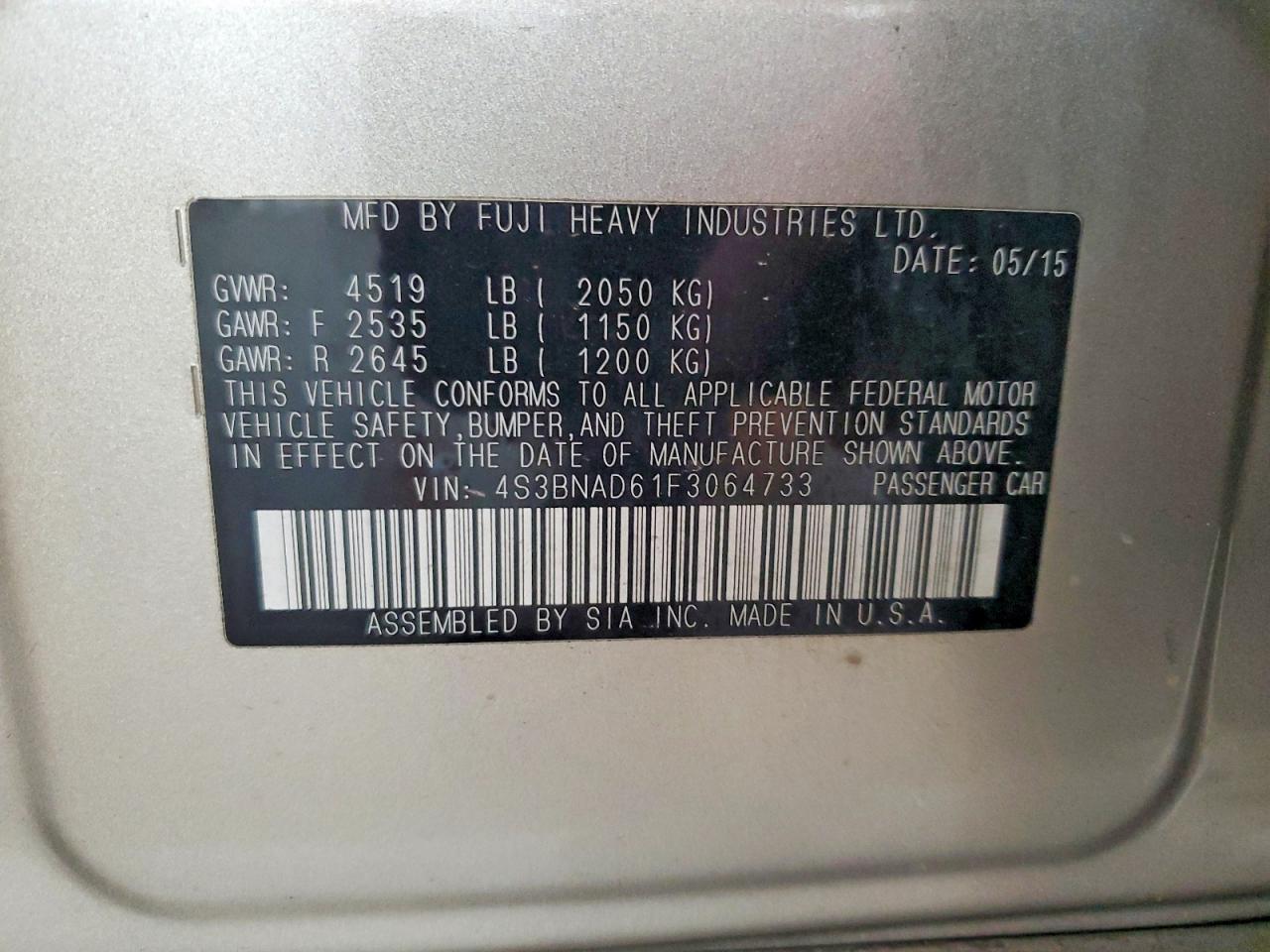2015 Subaru Legacy 2.5i Premium Silver vin: 4S3BNAD61F3064733