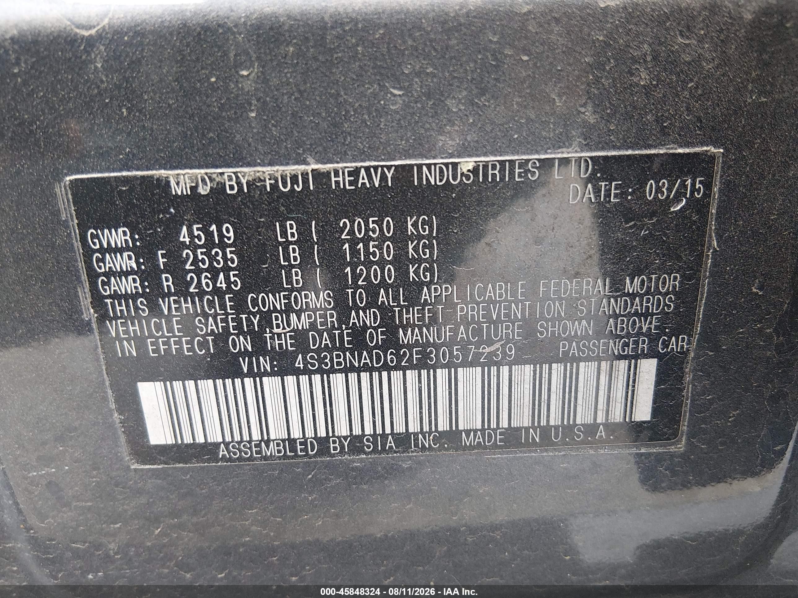 2015 Subaru Legacy 2.5i Premium Серый vin: 4S3BNAD62F3057239