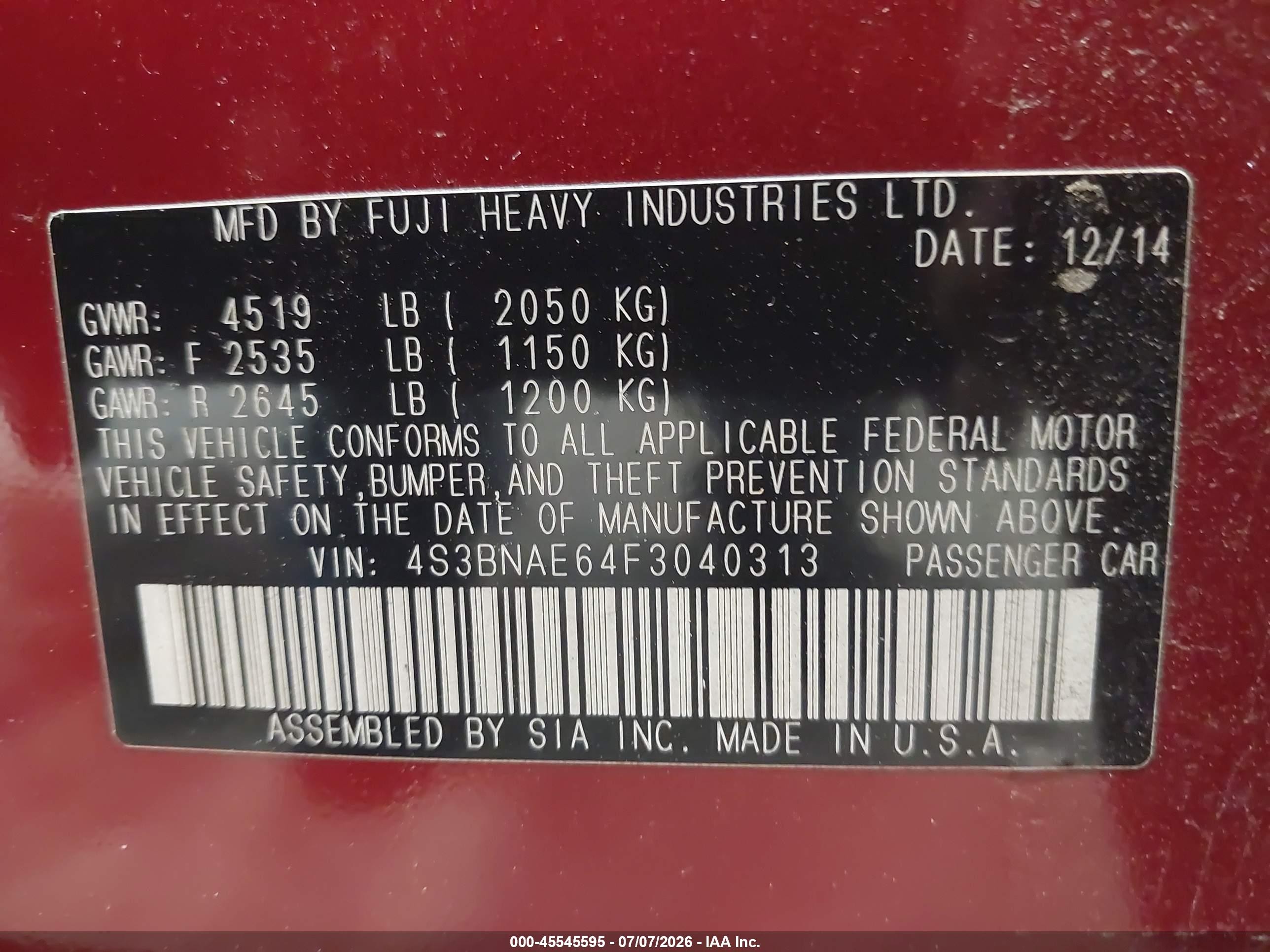 2015 Subaru Legacy 2.5i Premium Red vin: 4S3BNAE64F3040313