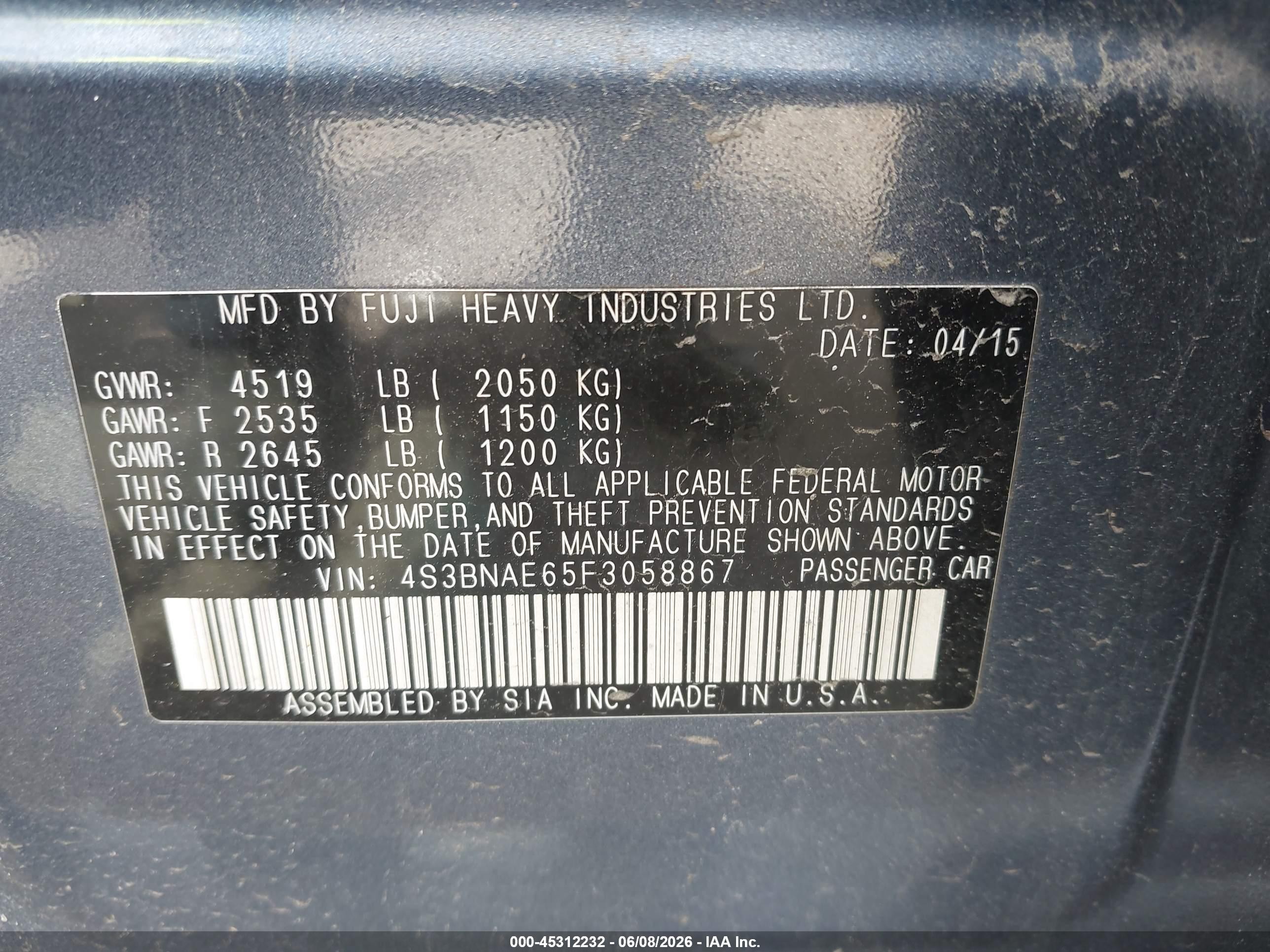 2015 Subaru Legacy 2.5i Premium Blue vin: 4S3BNAE65F3058867